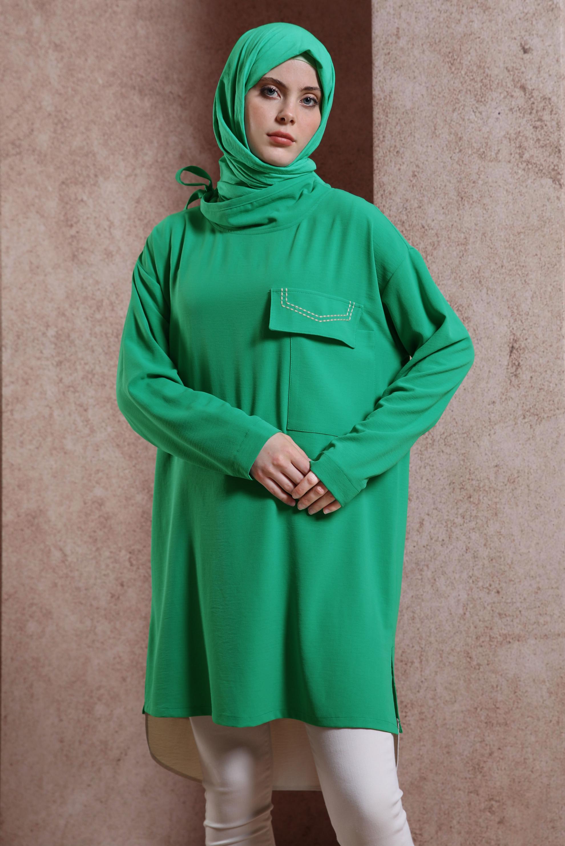 Tesettür giyim YEŞİL YAKASI BAĞLAMALI TUNİK 44438