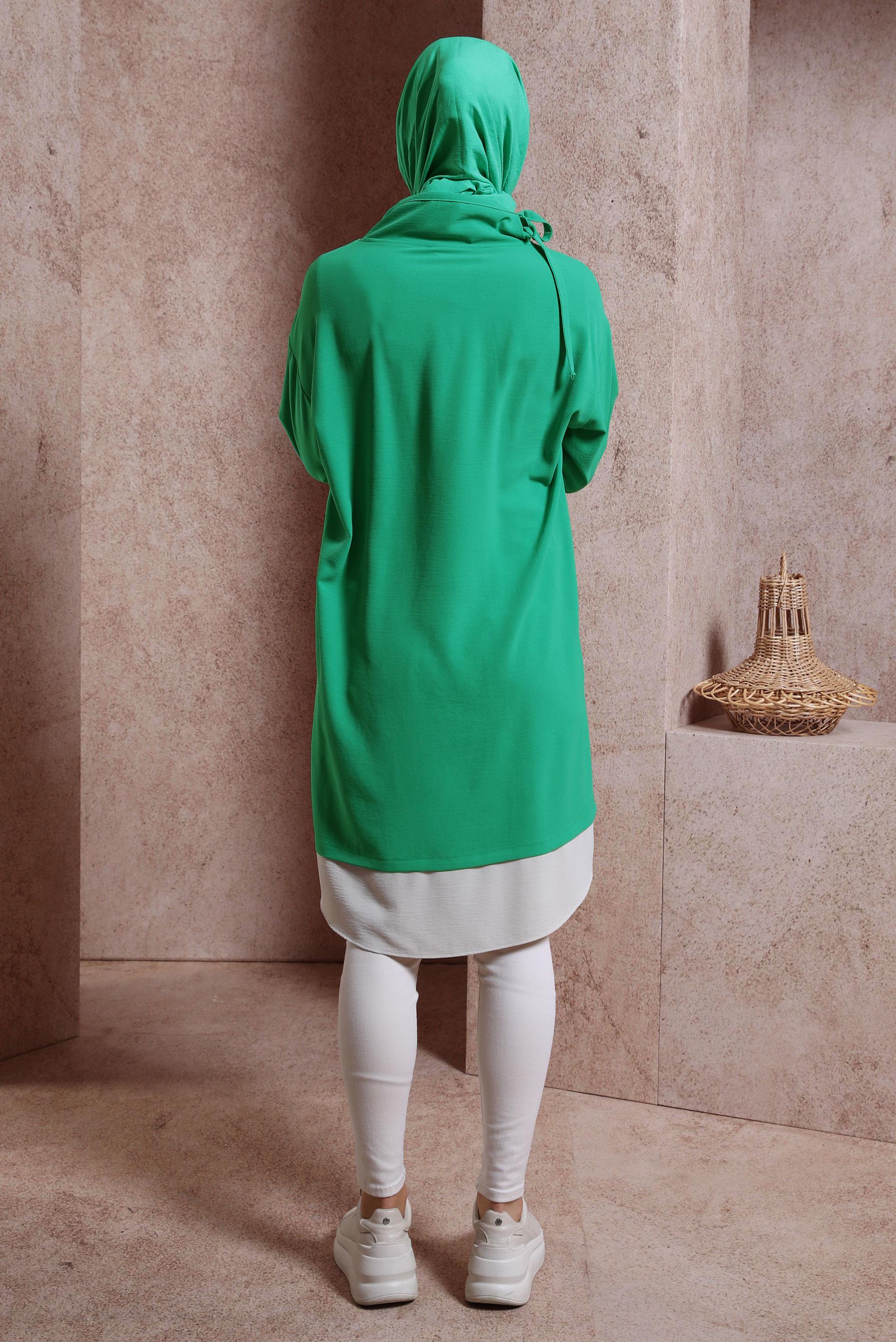 Tesettür giyim YEŞİL YAKASI BAĞLAMALI TUNİK 44438