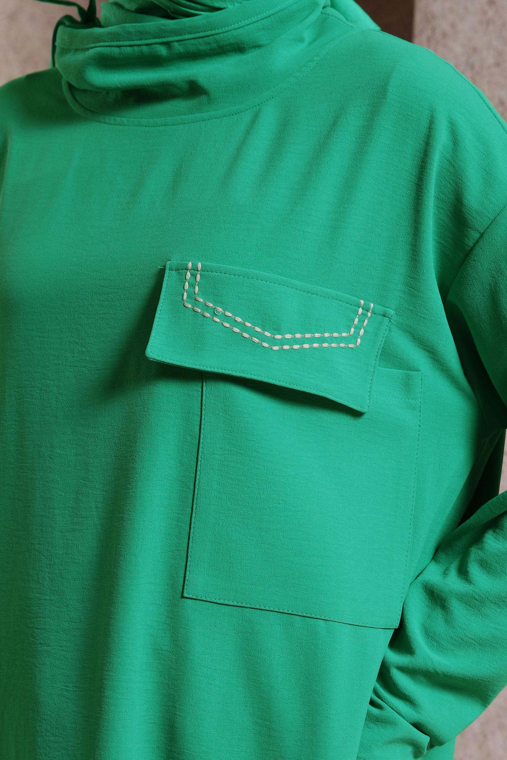 Tesettür giyim YEŞİL YAKASI BAĞLAMALI TUNİK 44438