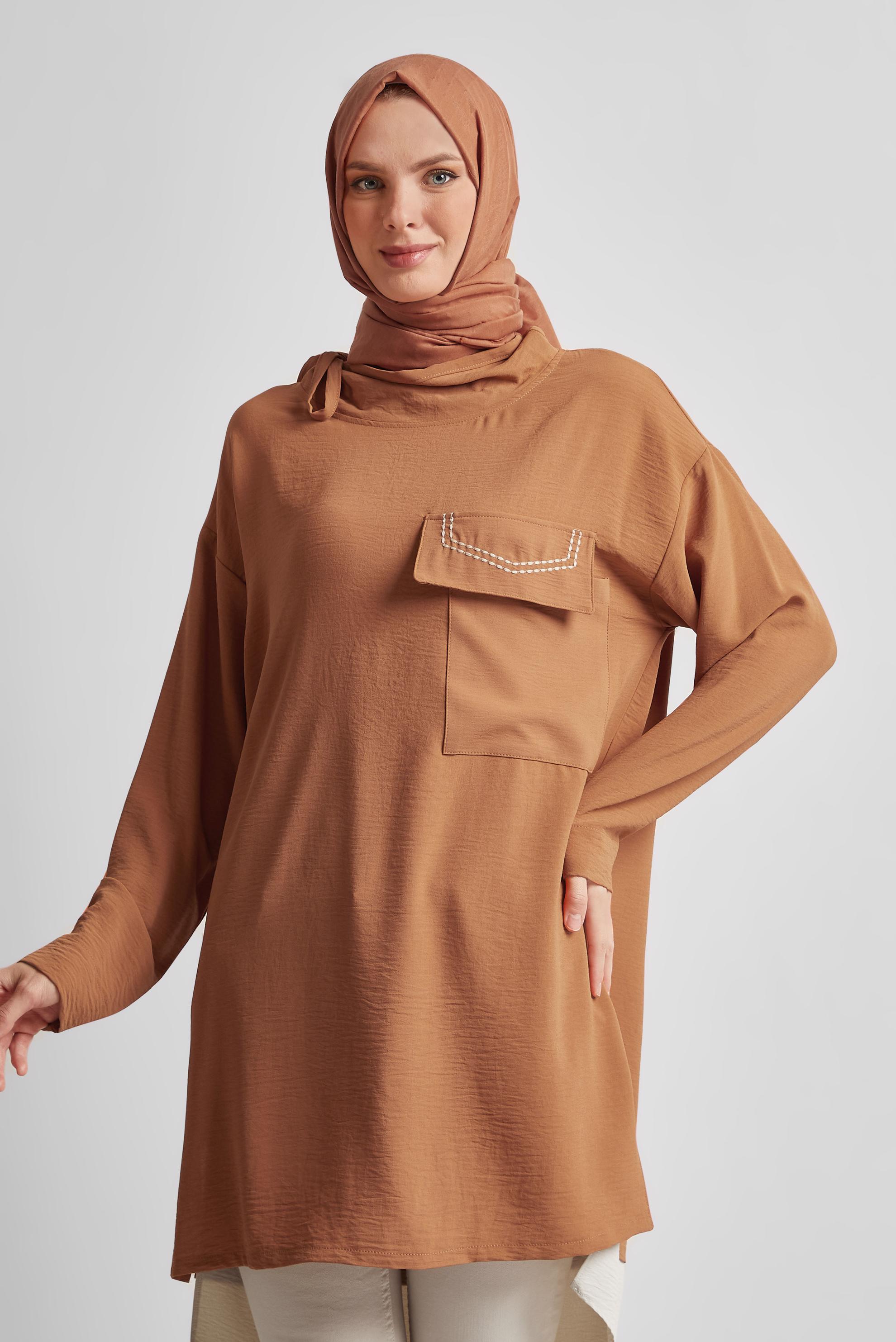 Tesettür giyim KAHVE YAKASI BAĞLAMALI TUNİK 44438