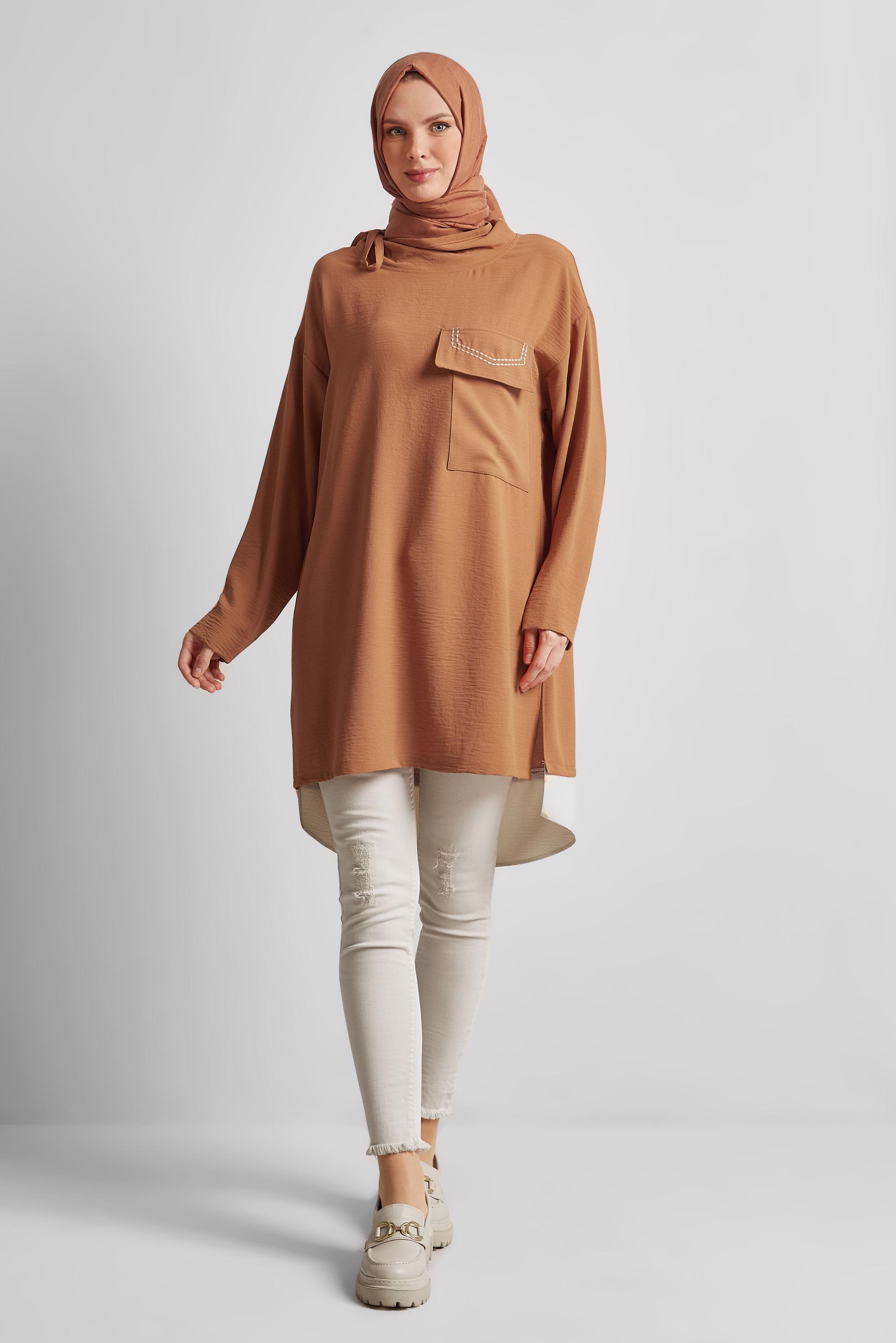 Tesettür giyim KAHVE YAKASI BAĞLAMALI TUNİK 44438
