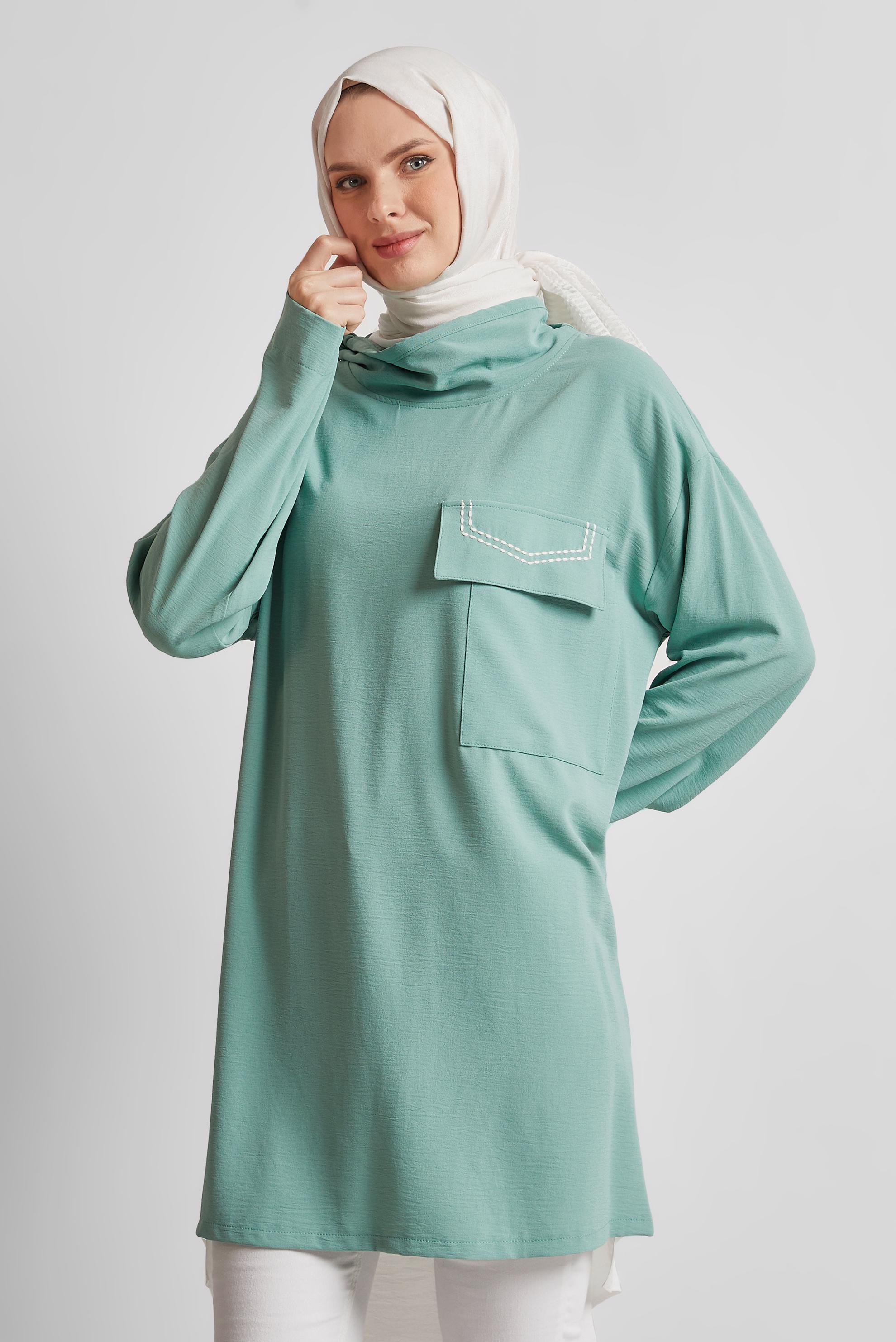 Tesettür giyim YEŞİL YAKASI BAĞLAMALI TUNİK 44438