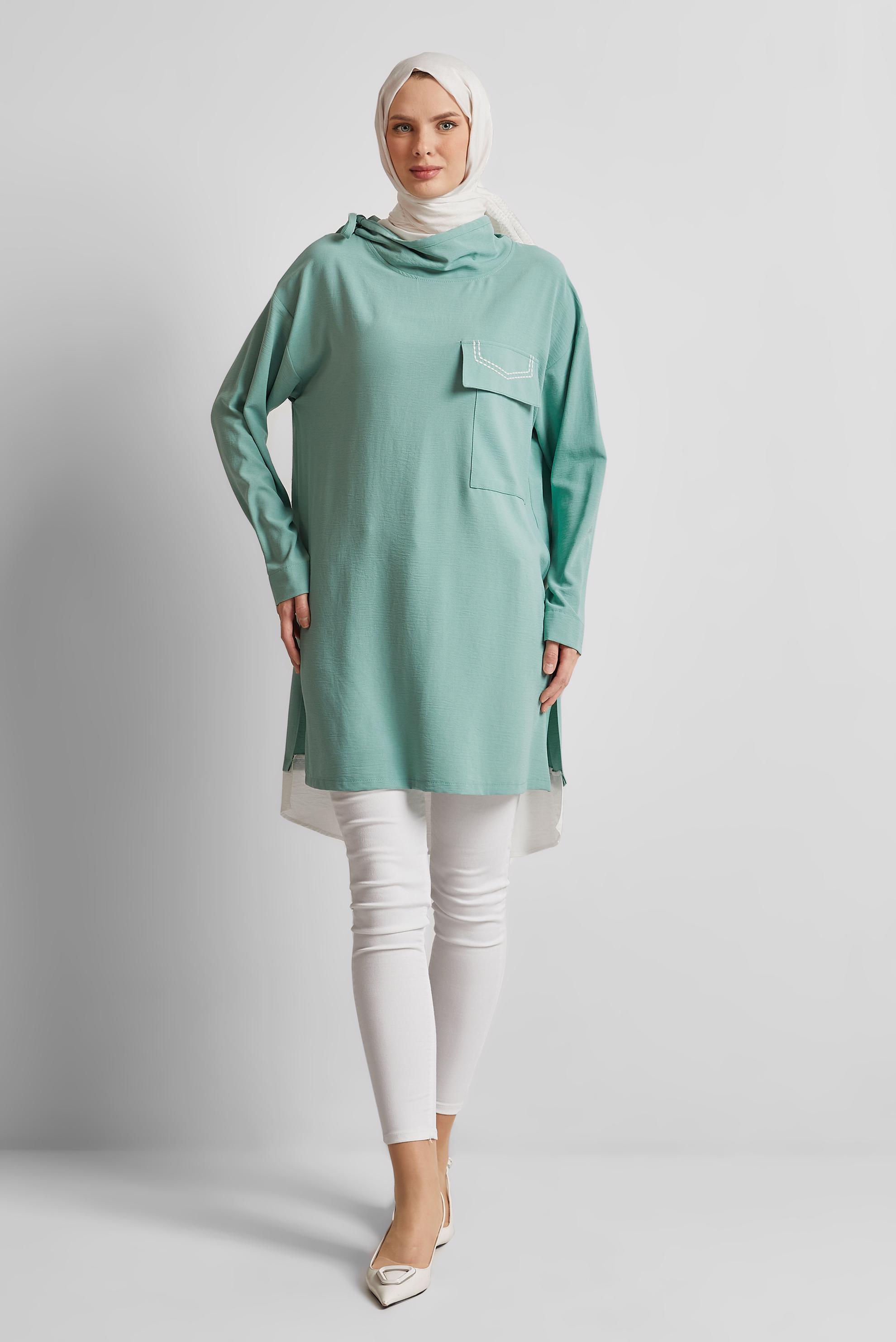 Tesettür giyim YEŞİL YAKASI BAĞLAMALI TUNİK 44438