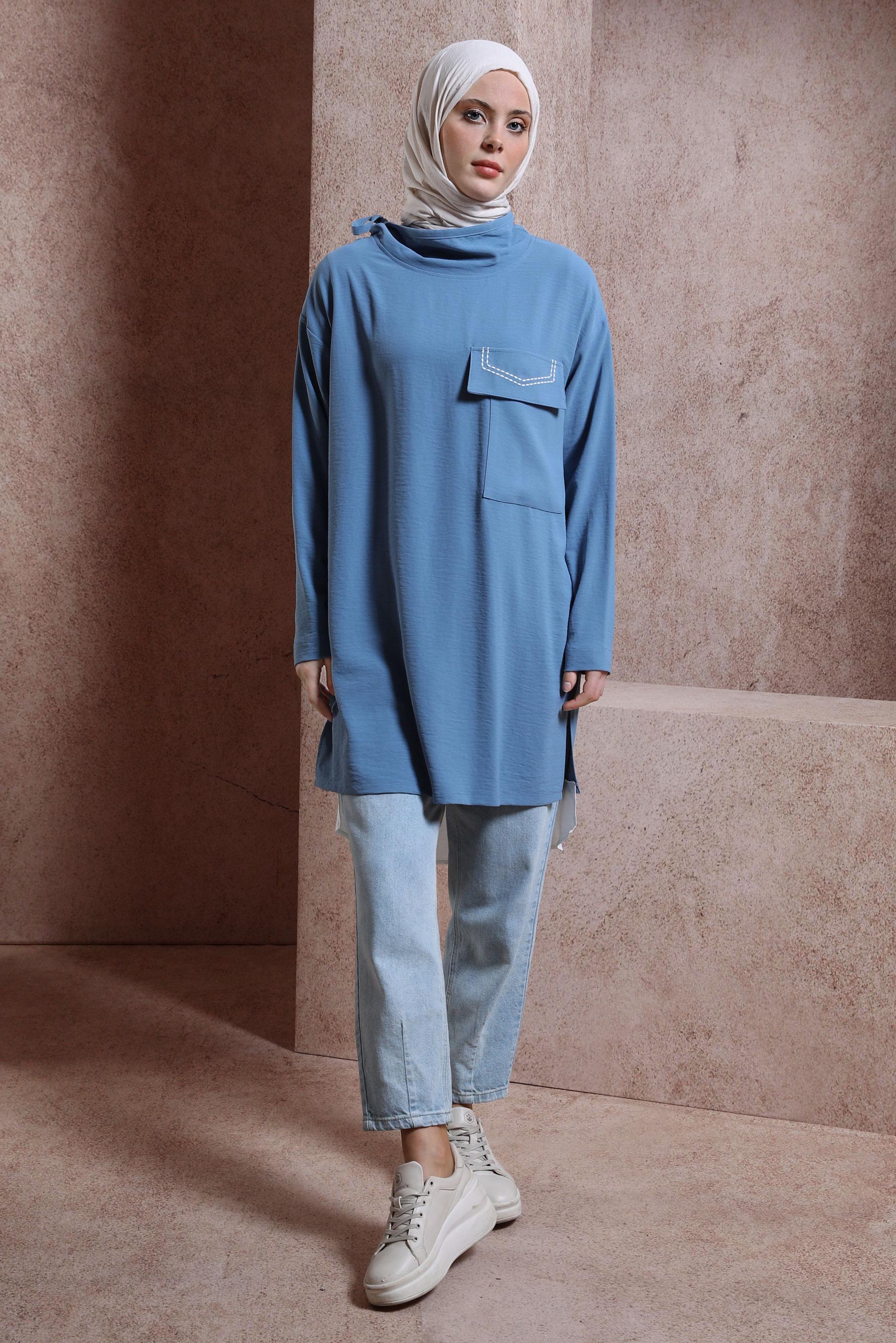 Tesettür giyim MAVİ YAKASI BAĞLAMALI TUNİK 44438