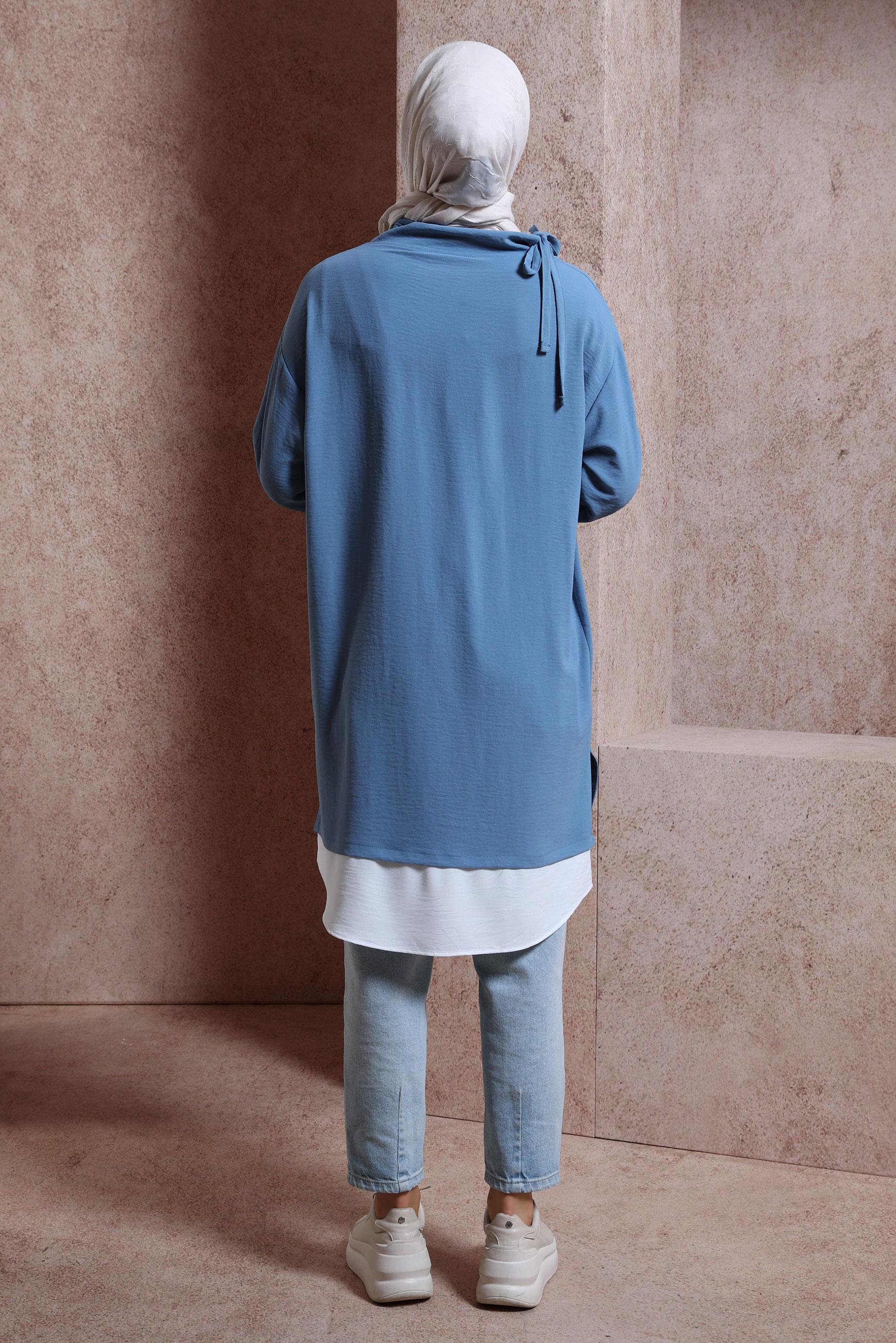 Tesettür giyim MAVİ YAKASI BAĞLAMALI TUNİK 44438