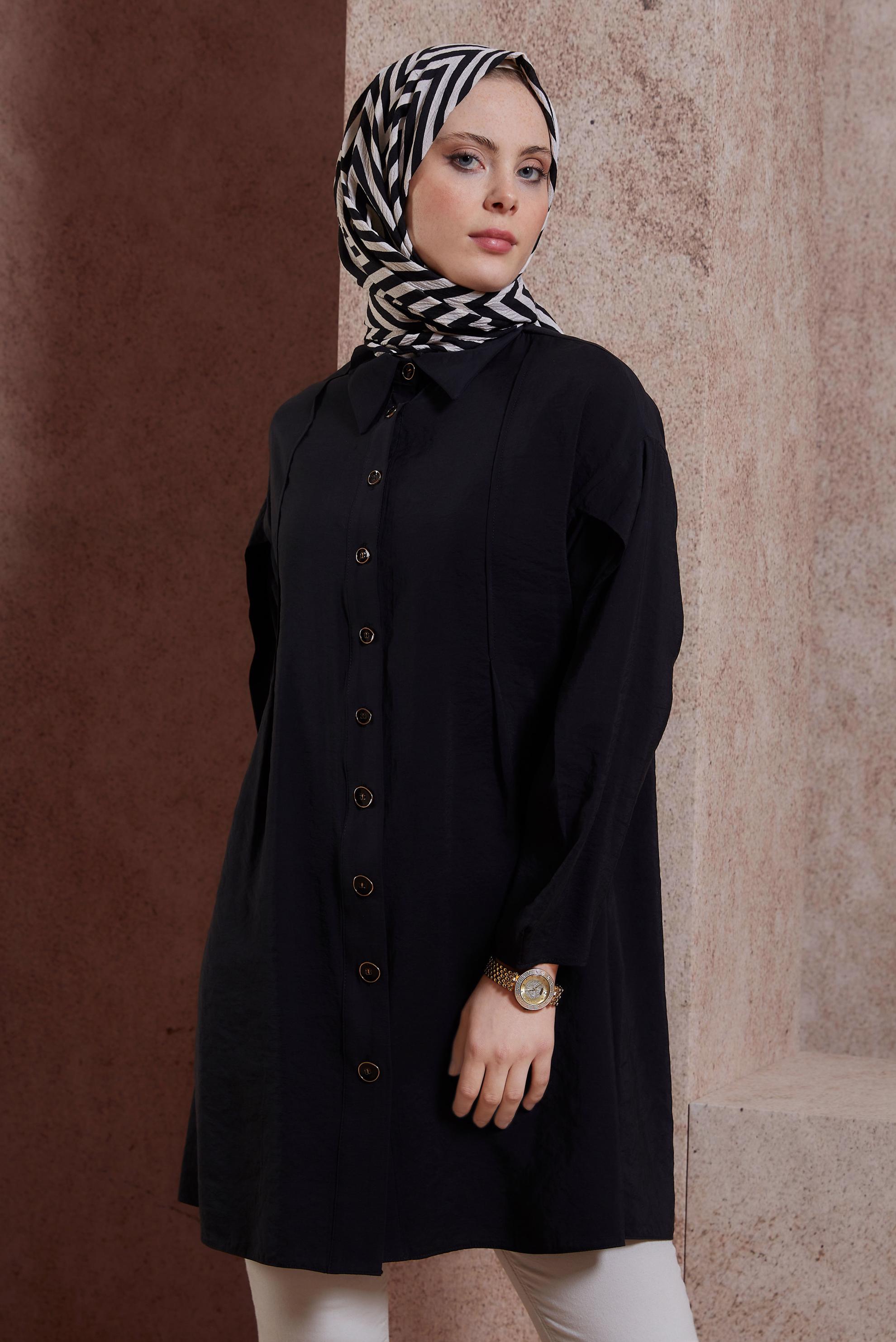 Tesettür giyim SİYAH GÖMLEK YAKA TUNİK 44440
