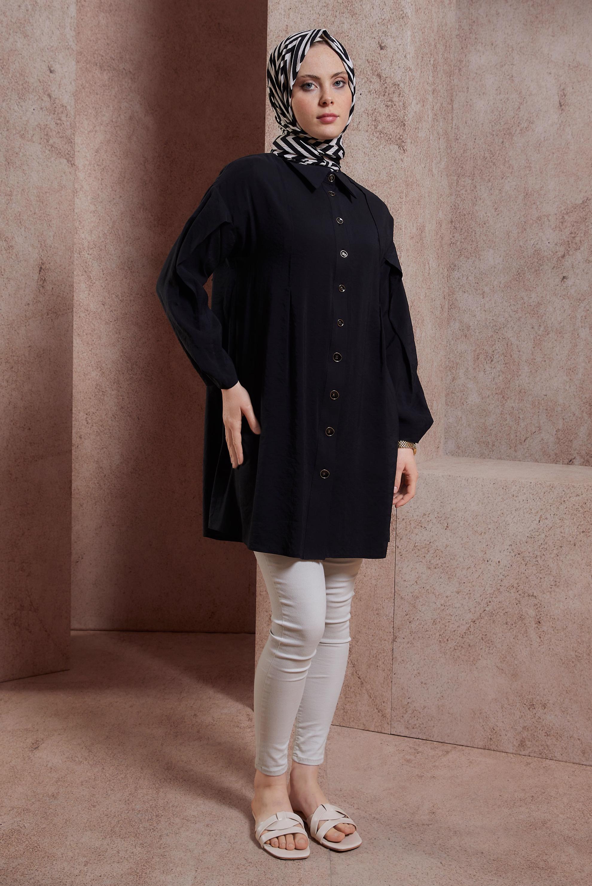 Tesettür giyim SİYAH GÖMLEK YAKA TUNİK 44440