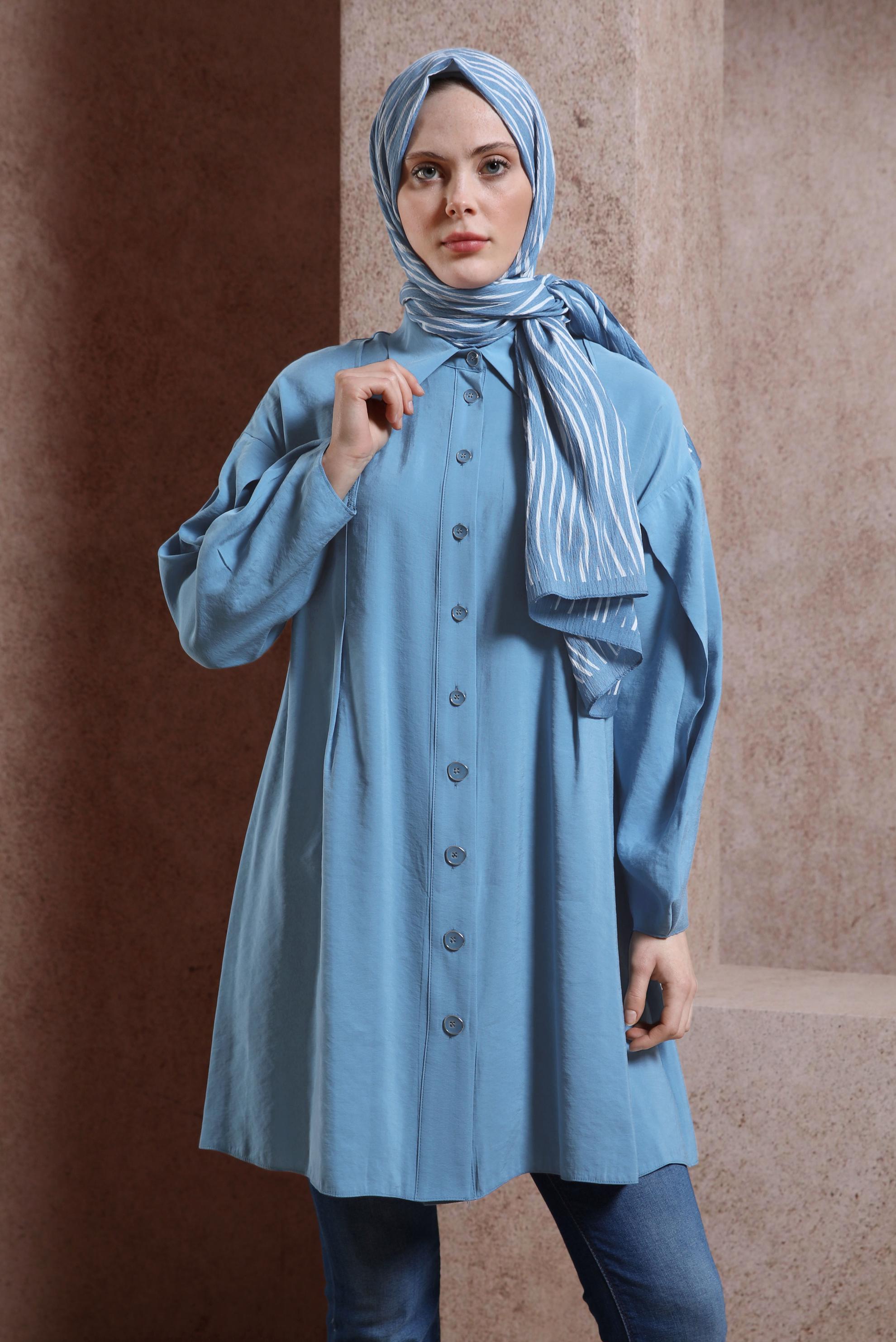 Tesettür giyim MAVİ GÖMLEK YAKA TUNİK 44440
