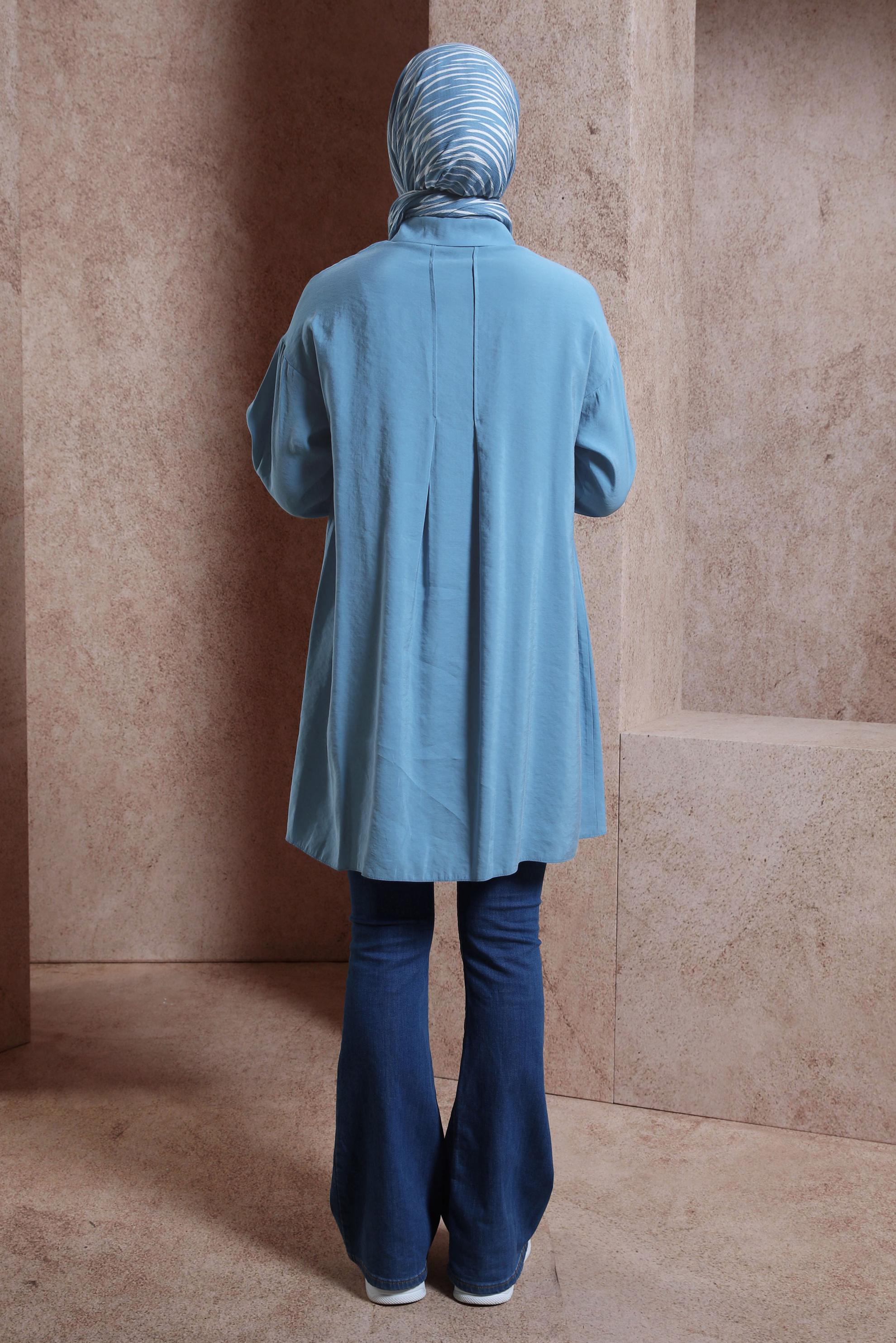 Tesettür giyim MAVİ GÖMLEK YAKA TUNİK 44440