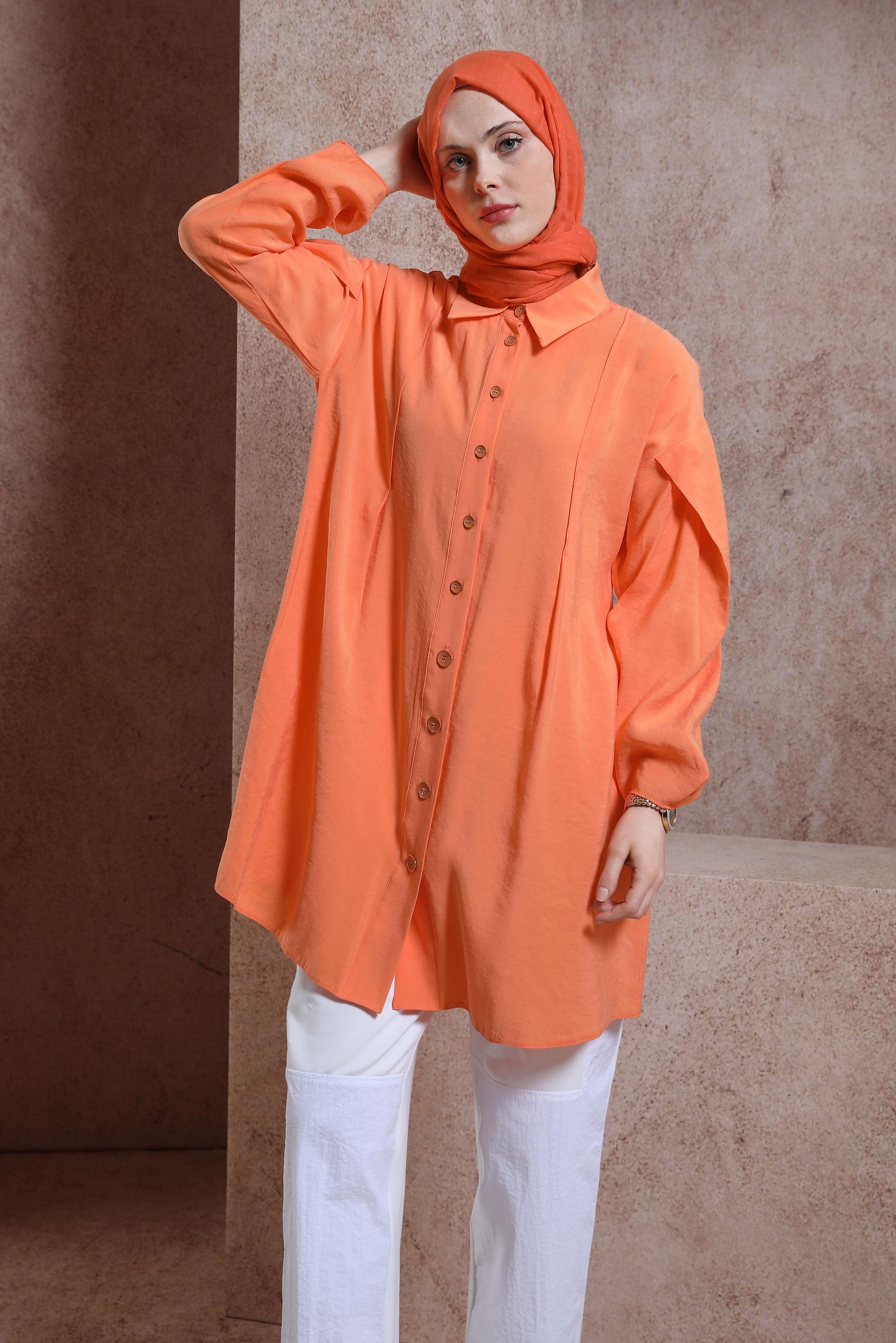 Tesettür giyim TURUNCU GÖMLEK YAKA TUNİK 44440