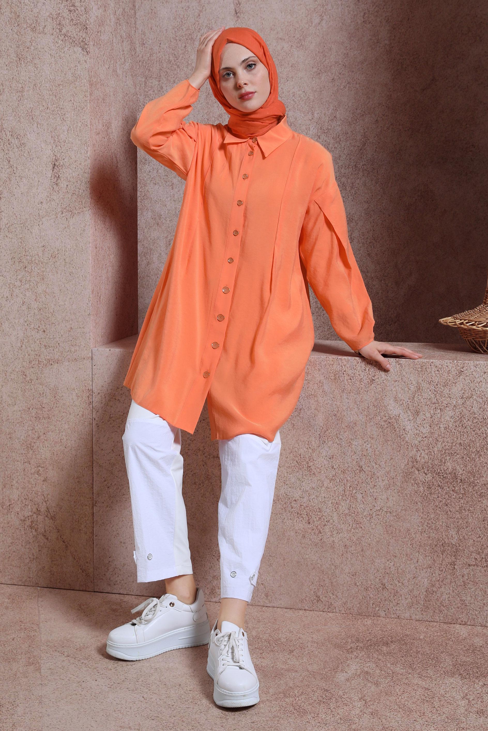 Tesettür giyim TURUNCU GÖMLEK YAKA TUNİK 44440