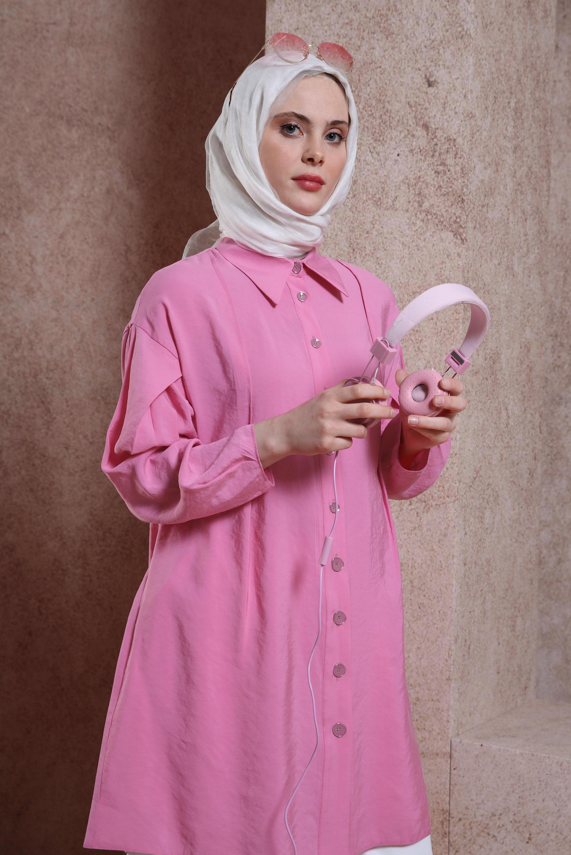 Tesettür giyim PEMBE GÖMLEK YAKA TUNİK 44440