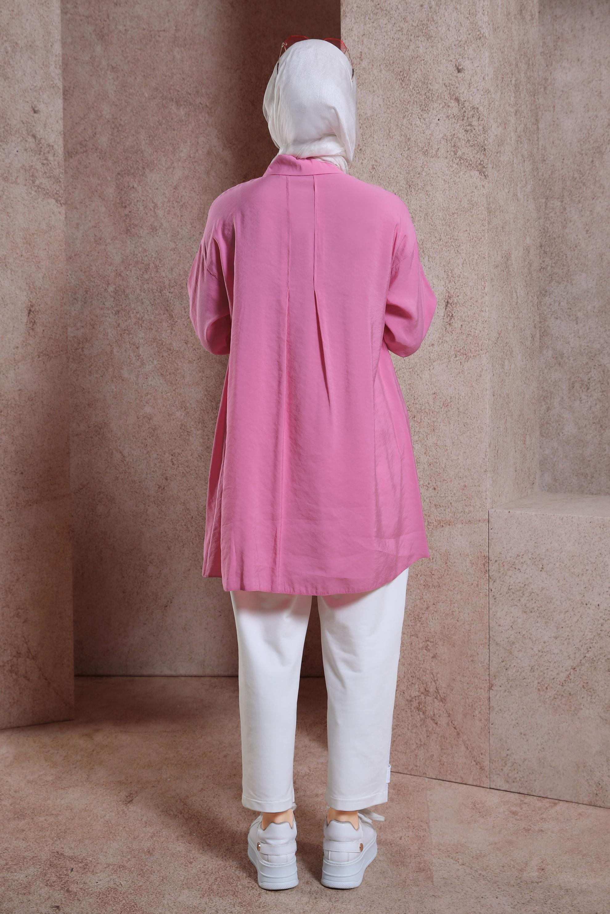 Tesettür giyim PEMBE GÖMLEK YAKA TUNİK 44440