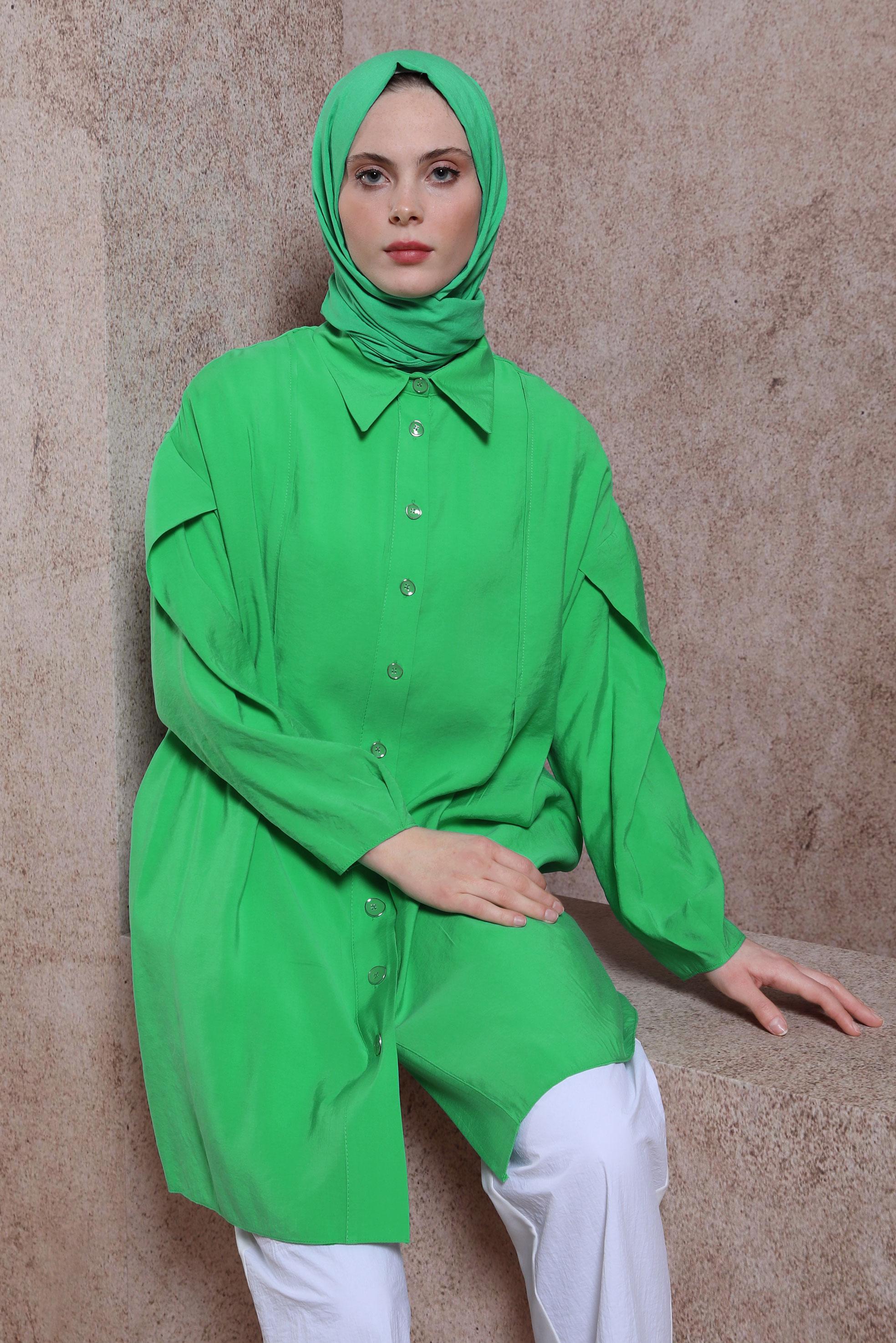 Tesettür giyim YEŞİL GÖMLEK YAKA TUNİK 44440