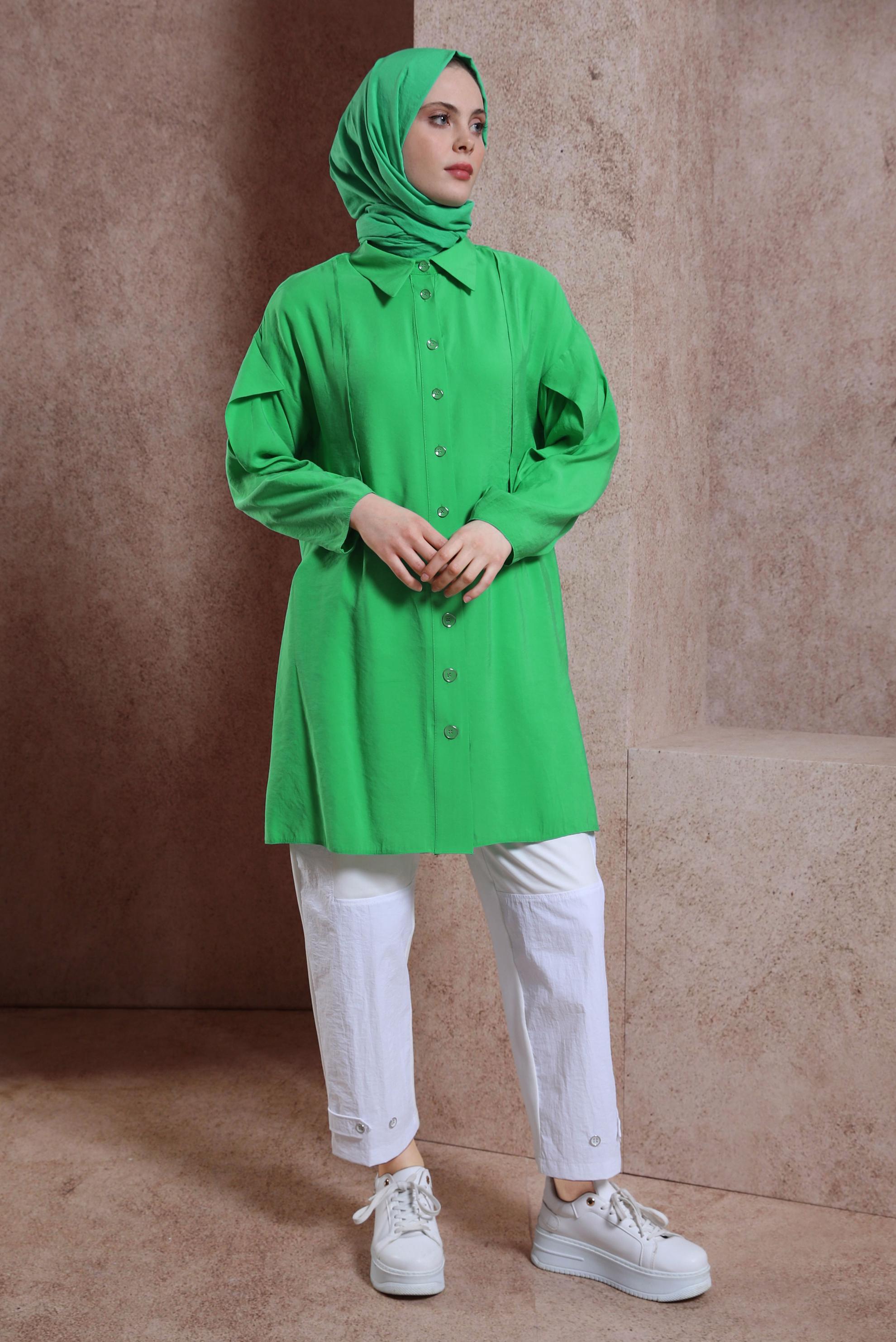 Tesettür giyim YEŞİL GÖMLEK YAKA TUNİK 44440