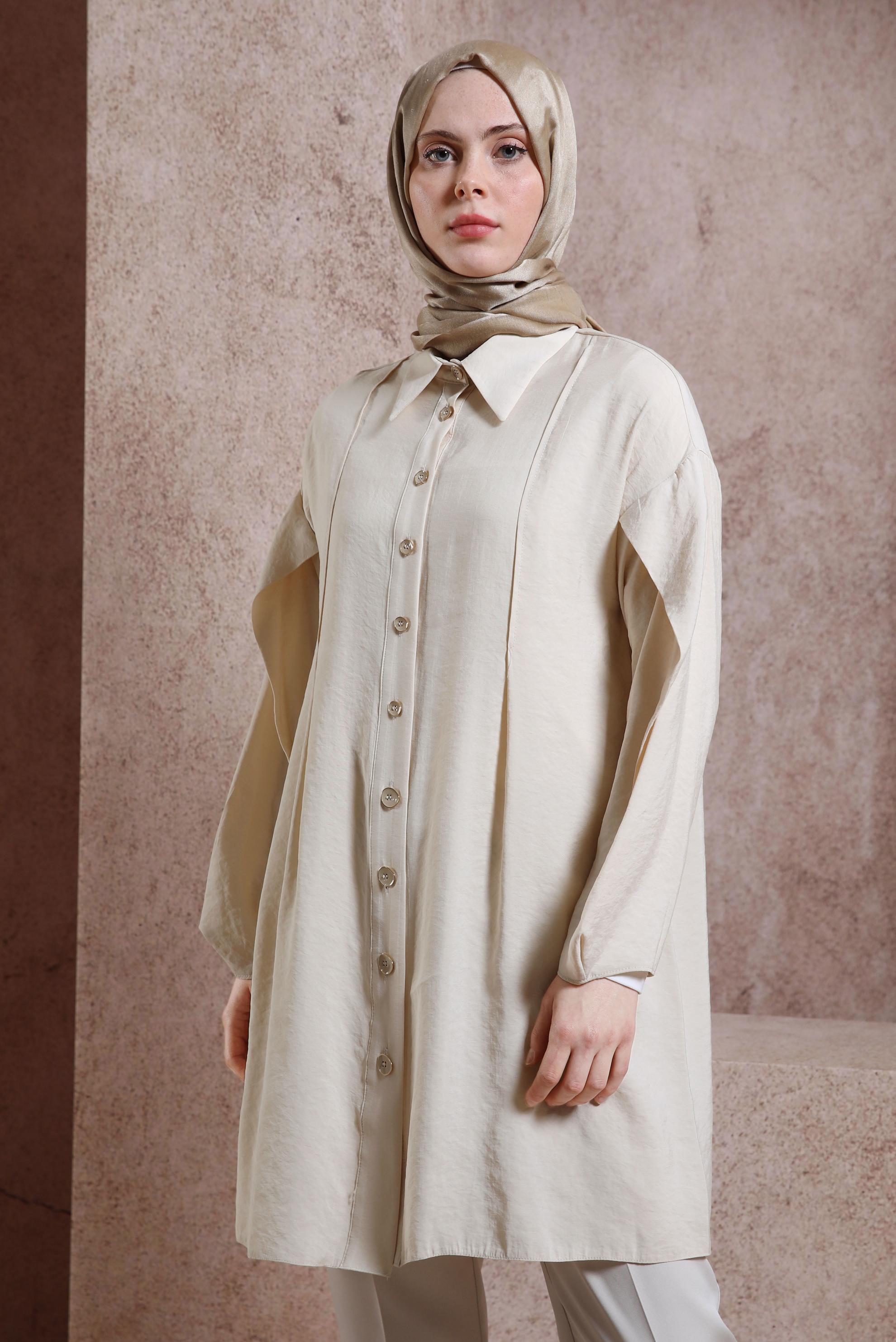 Tesettür giyim BEJ GÖMLEK YAKA TUNİK 44440