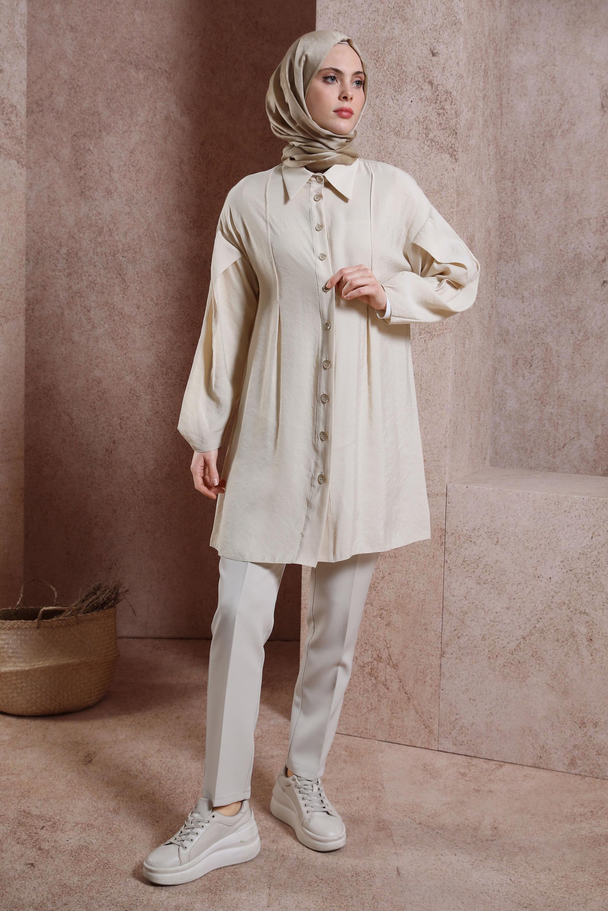 Tesettür giyim BEJ GÖMLEK YAKA TUNİK 44440