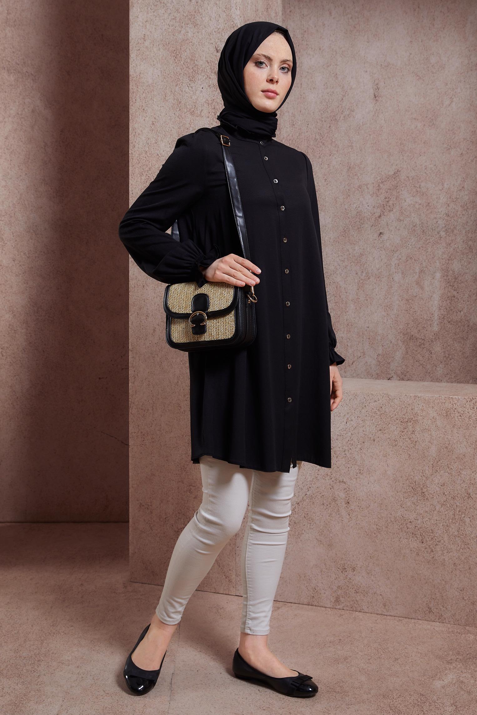 Tesettür giyim SİYAH MANŞETLERİ LASTİKLİ TUNİK 44445