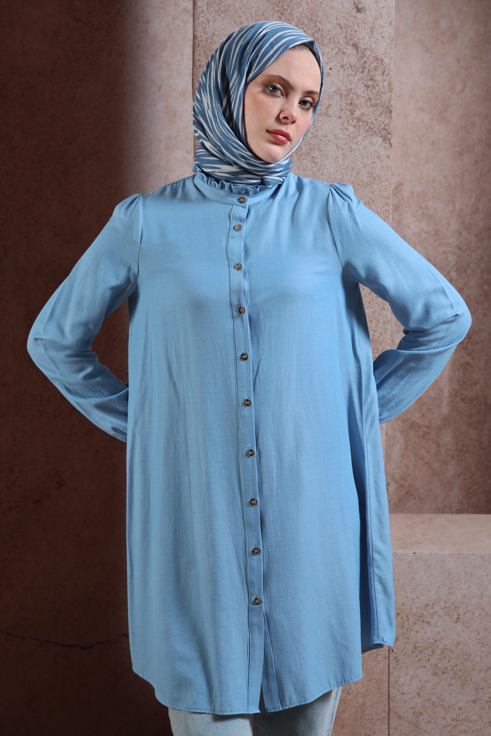 Tesettür giyim MAVİ MANŞETLERİ LASTİKLİ TUNİK 44445