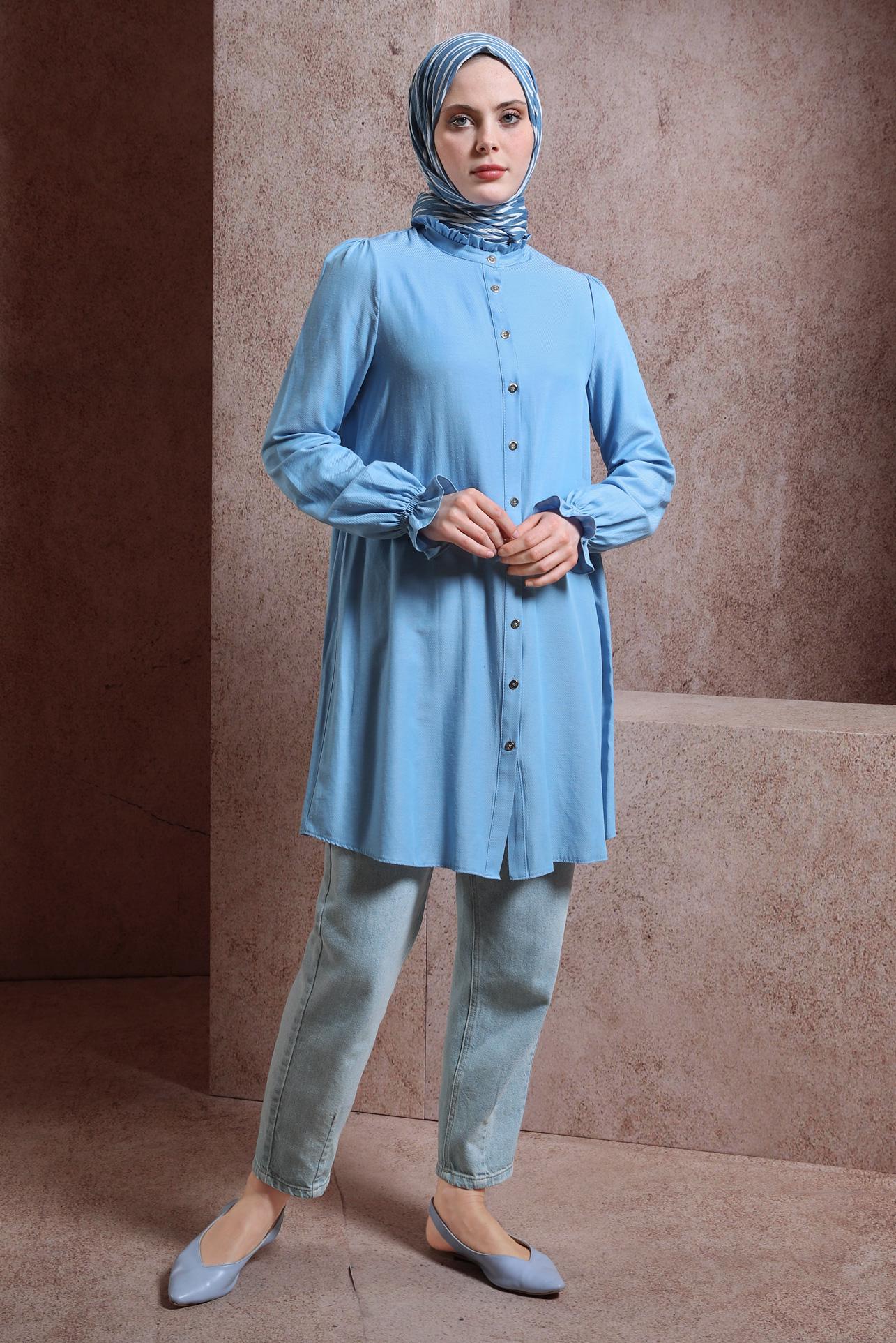 Tesettür giyim MAVİ MANŞETLERİ LASTİKLİ TUNİK 44445