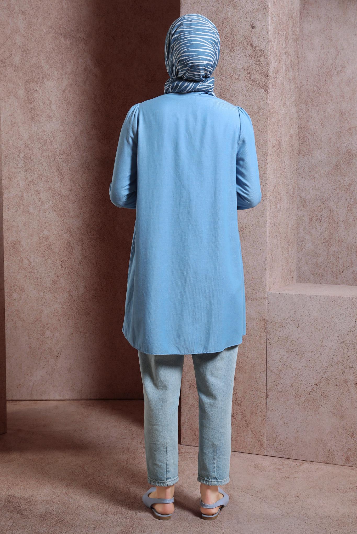 Tesettür giyim MAVİ MANŞETLERİ LASTİKLİ TUNİK 44445