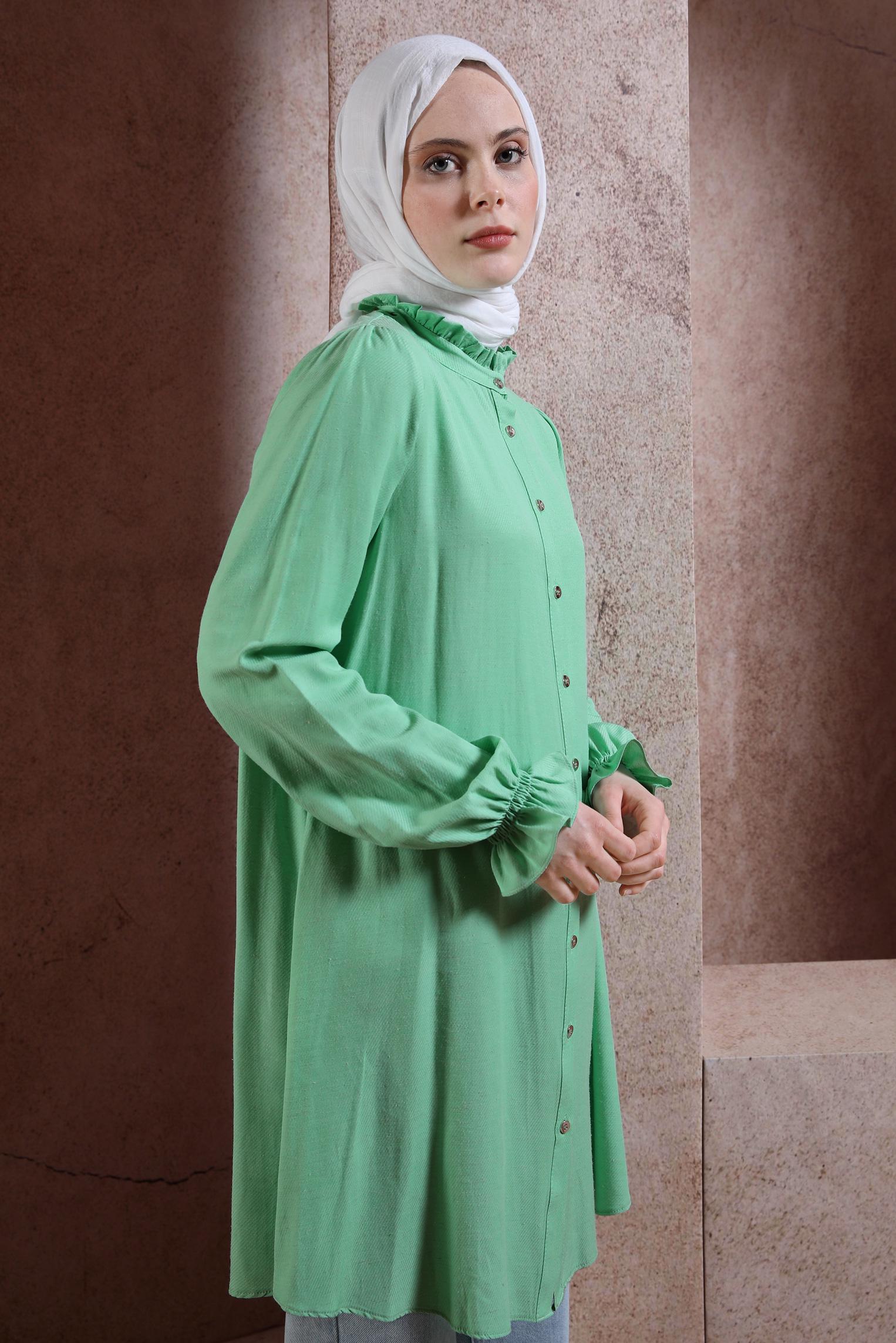 Tesettür giyim YEŞİL MANŞETLERİ LASTİKLİ TUNİK 44445
