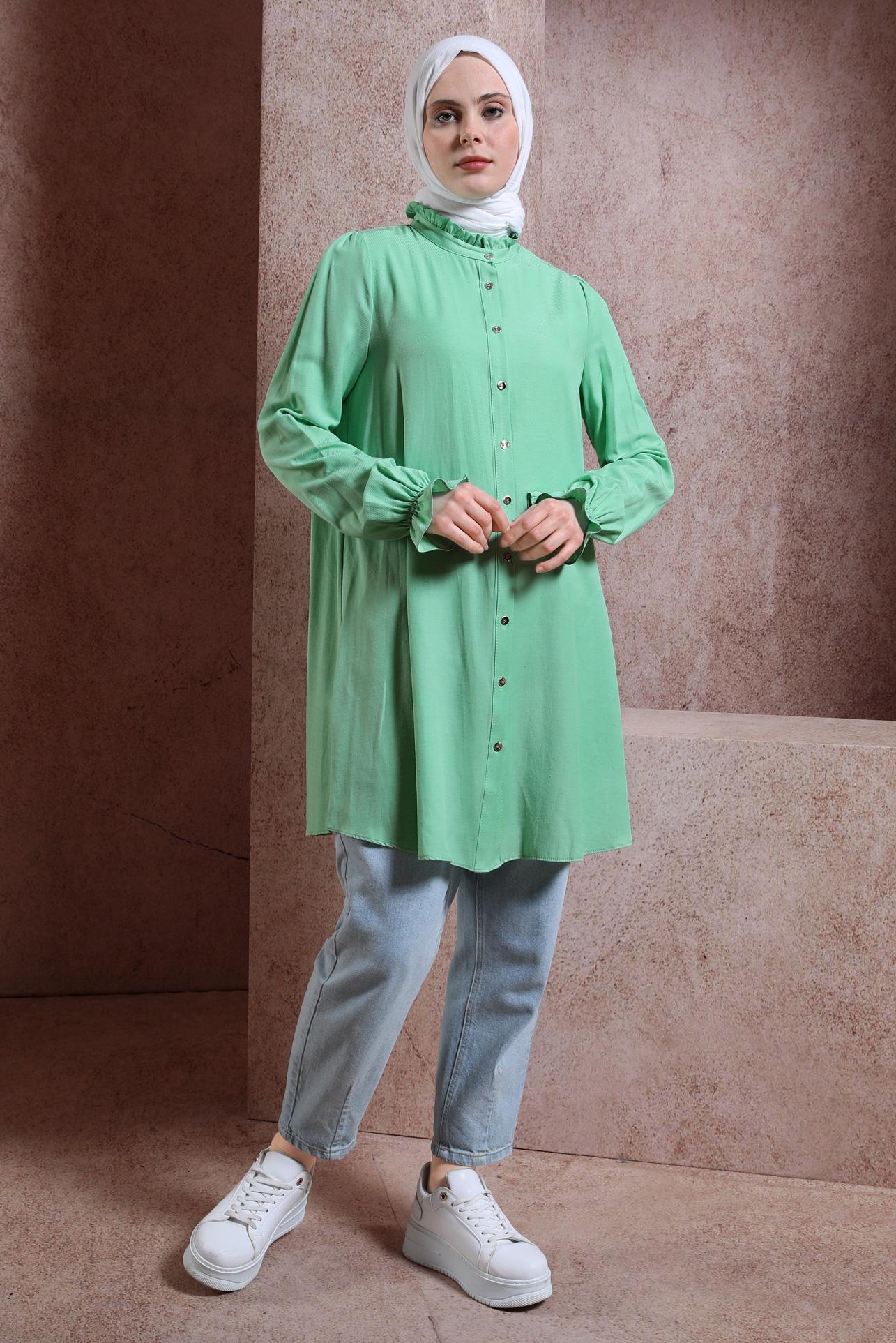 Tesettür giyim YEŞİL MANŞETLERİ LASTİKLİ TUNİK 44445
