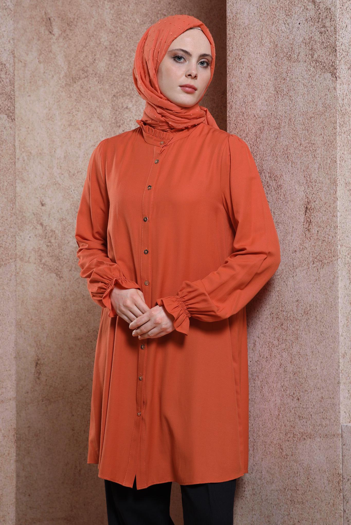 Tesettür giyim TURUNCU MANŞETLERİ LASTİKLİ TUNİK 44445