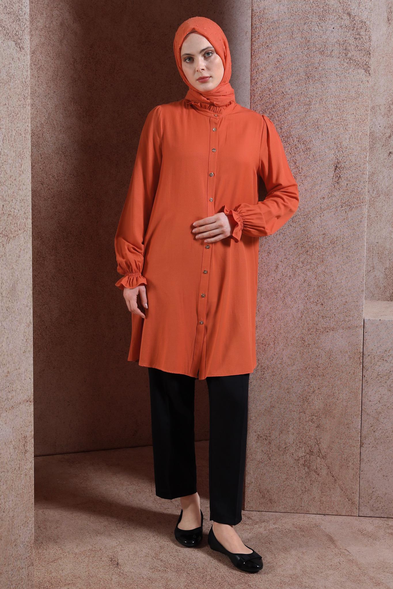 Tesettür giyim TURUNCU MANŞETLERİ LASTİKLİ TUNİK 44445