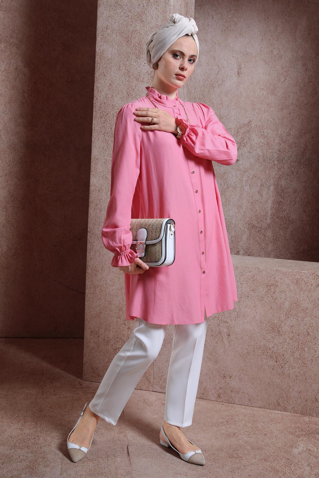 Tesettür giyim PEMBE MANŞETLERİ LASTİKLİ TUNİK 44445