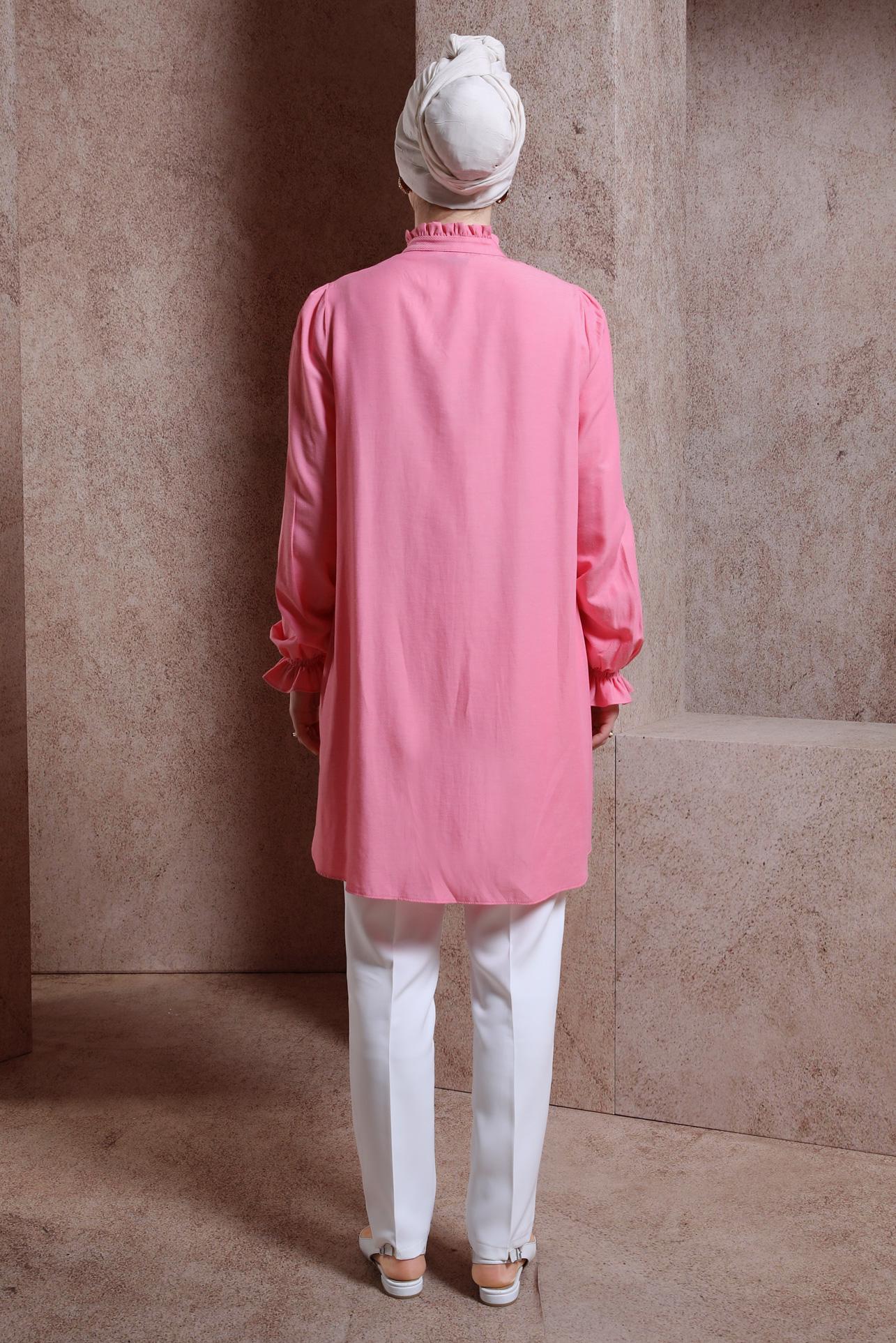 Tesettür giyim PEMBE MANŞETLERİ LASTİKLİ TUNİK 44445