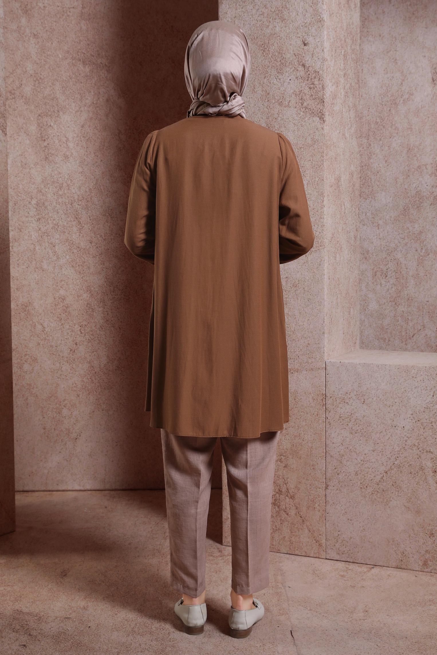 Tesettür giyim KAHVE MANŞETLERİ LASTİKLİ TUNİK 44445