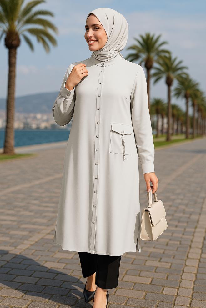 Tesettür giyim BEJ DÜĞMELİ BÜYÜK BEDEN TUNİK 44447 - ALVİNA