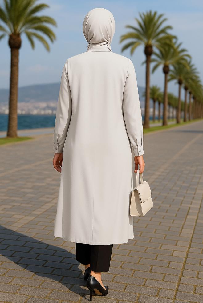 Tesettür giyim BEJ DÜĞMELİ BÜYÜK BEDEN TUNİK 44447 - ALVİNA