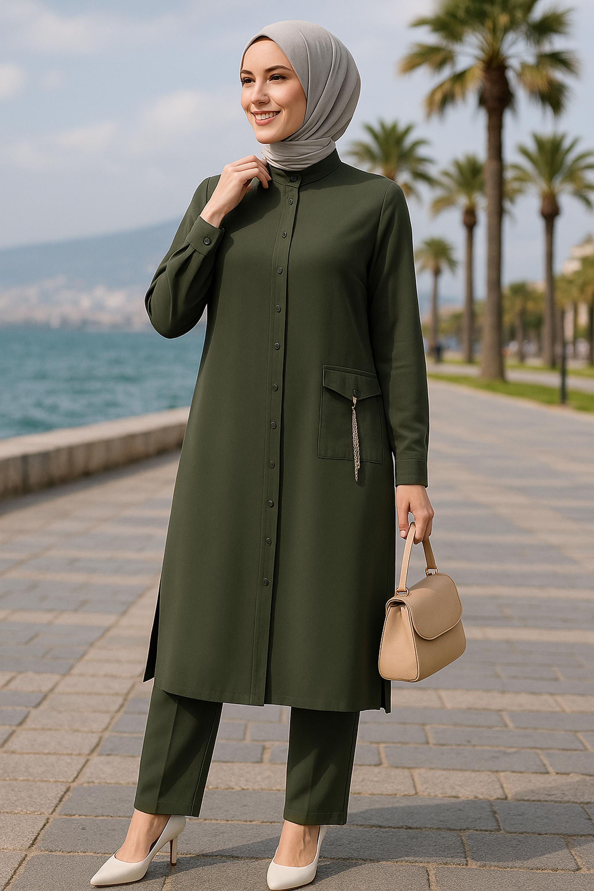 Tesettür giyim HAKİ DÜĞMELİ BÜYÜK BEDEN TUNİK 44447