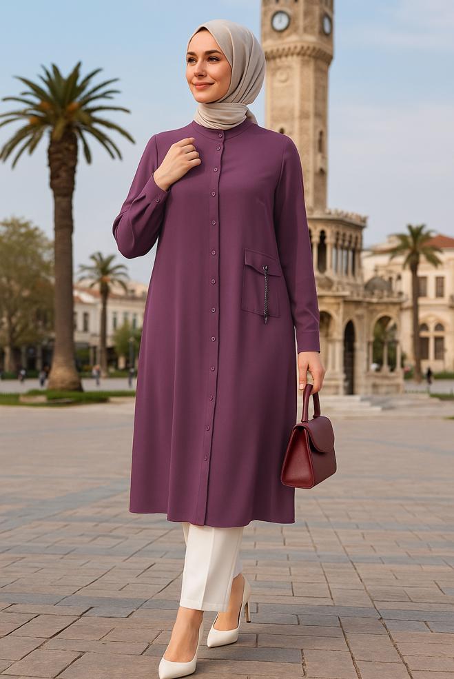 Tesettür giyim PEMBE DÜĞMELİ BÜYÜK BEDEN TUNİK 44447 - ALVİNA