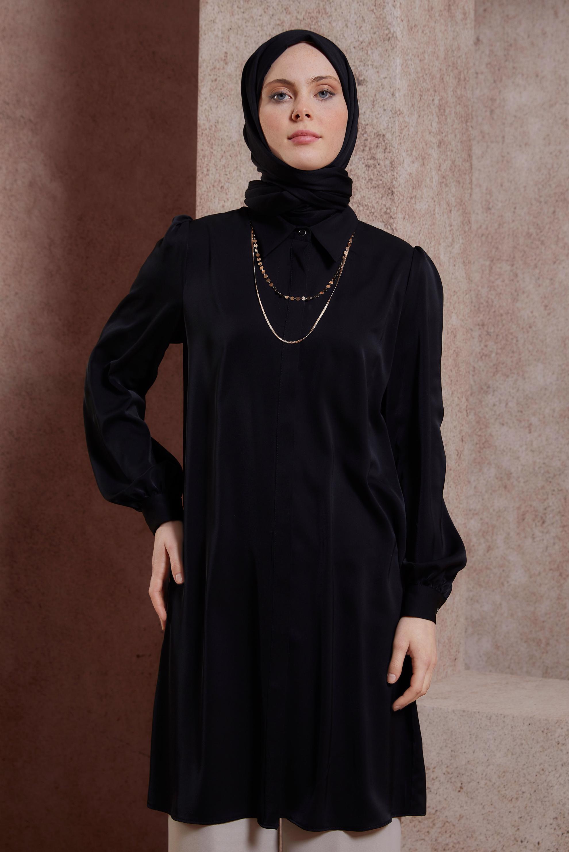 Tesettür giyim SİYAH GÖMLEK YAKA TUNİK 44448