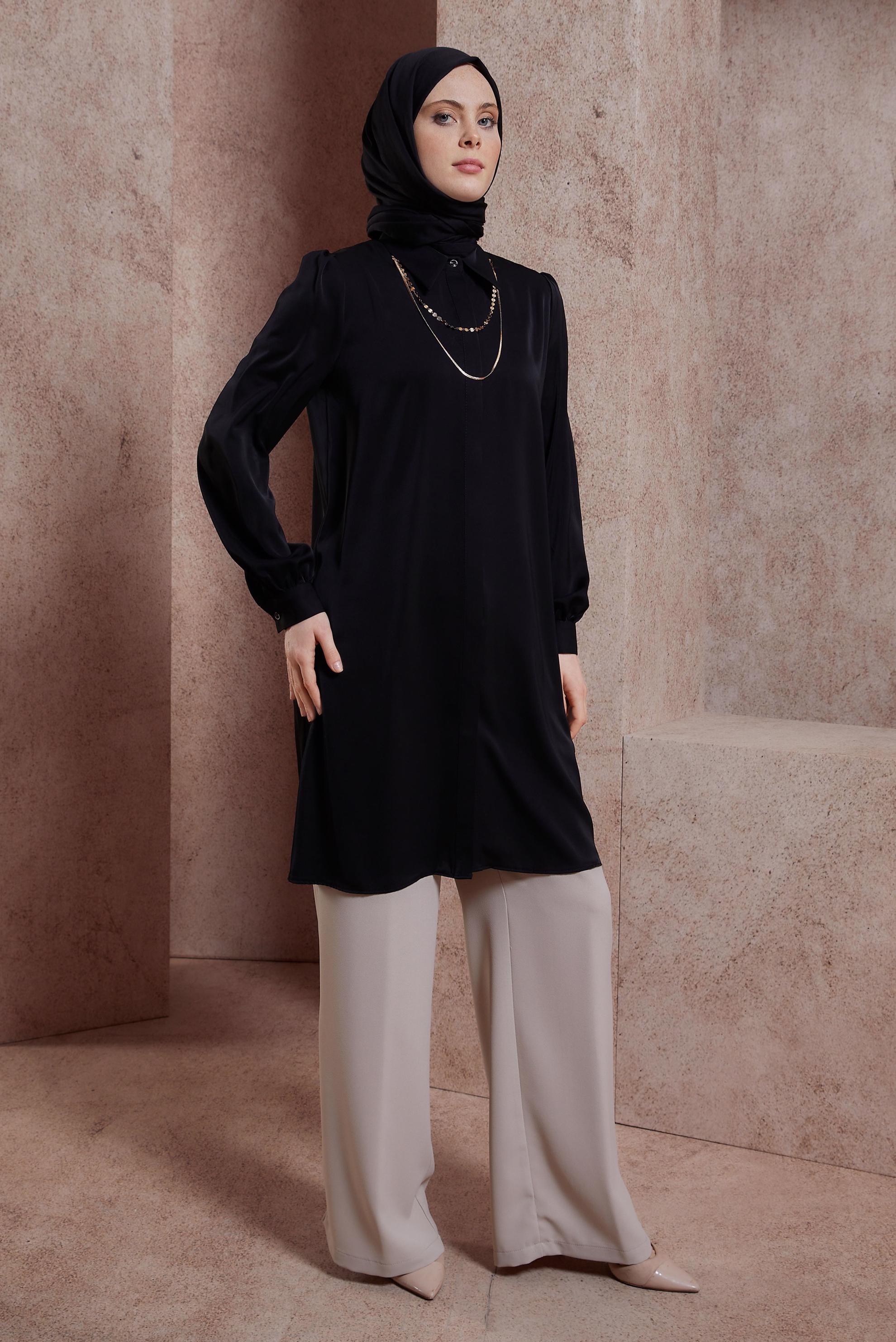 Tesettür giyim SİYAH GÖMLEK YAKA TUNİK 44448