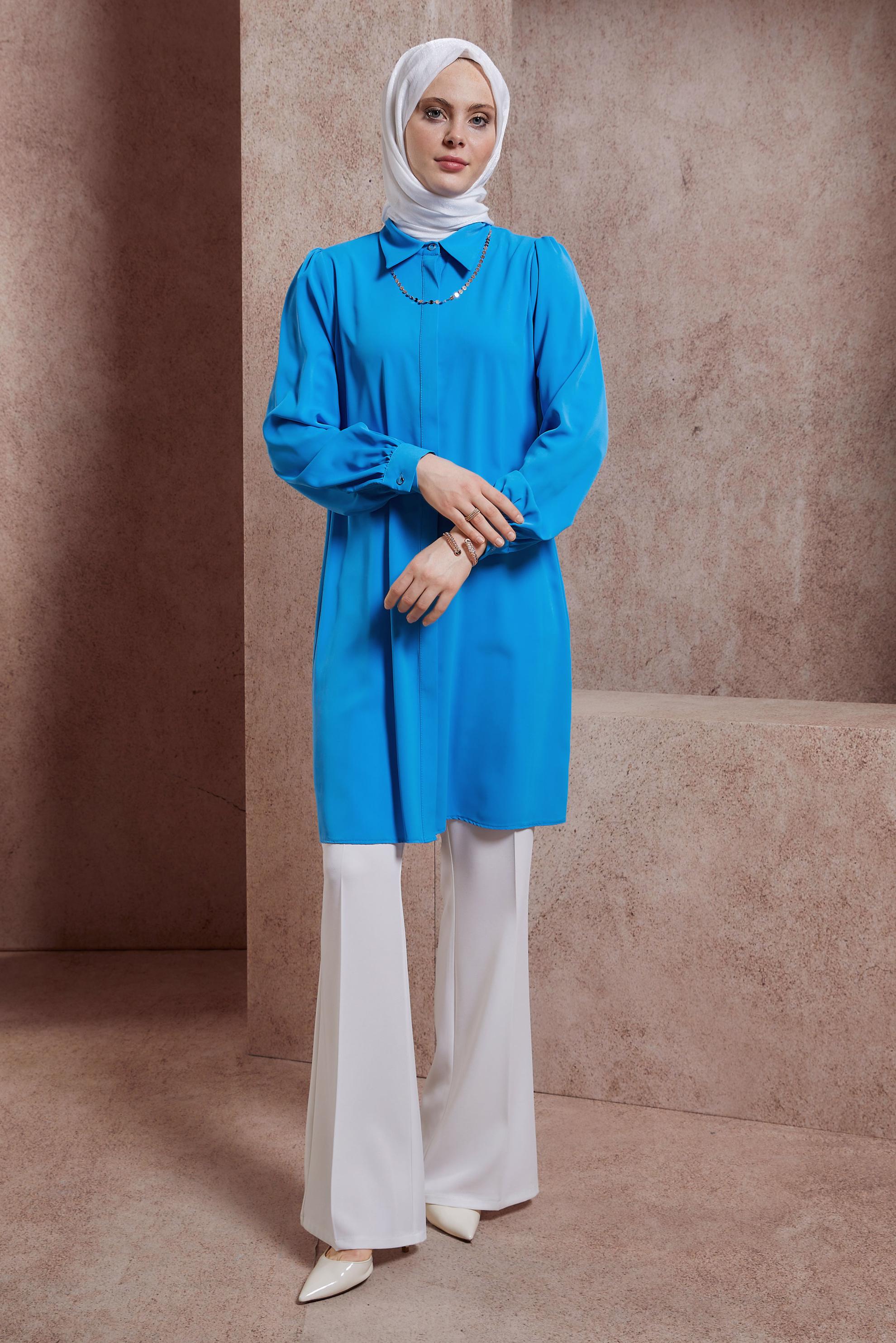 Tesettür giyim MAVİ GÖMLEK YAKA TUNİK 44448