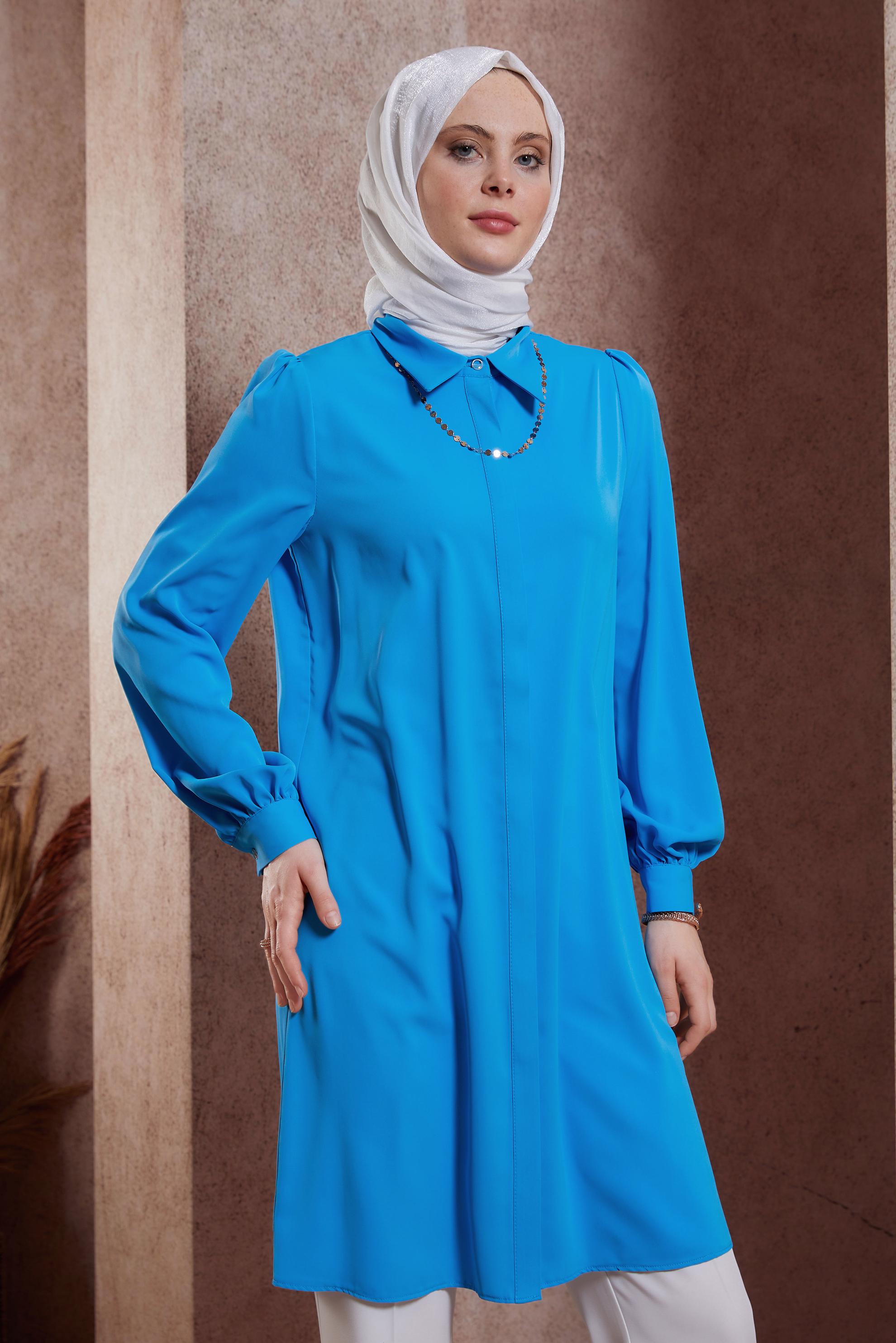 Tesettür giyim MAVİ GÖMLEK YAKA TUNİK 44448