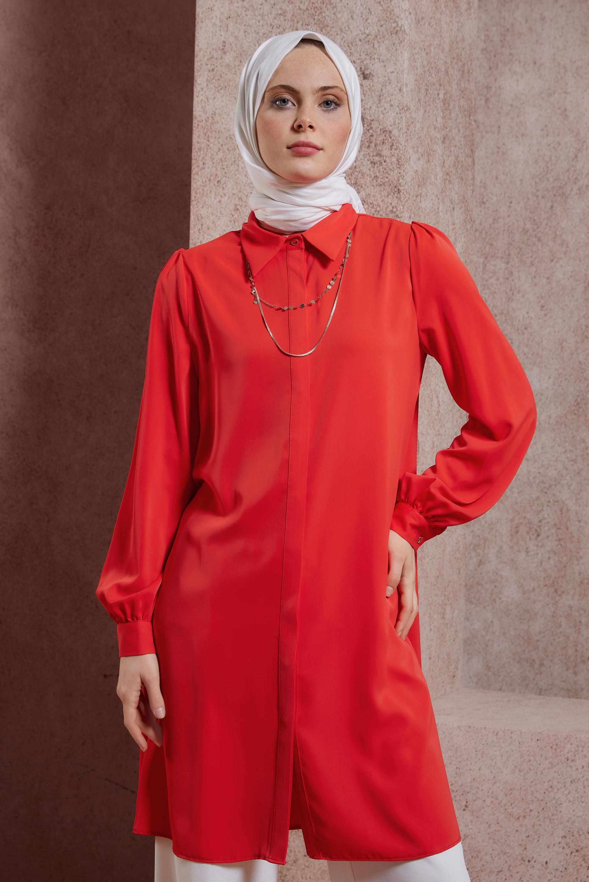 Tesettür giyim MERCAN GÖMLEK YAKA TUNİK 44448