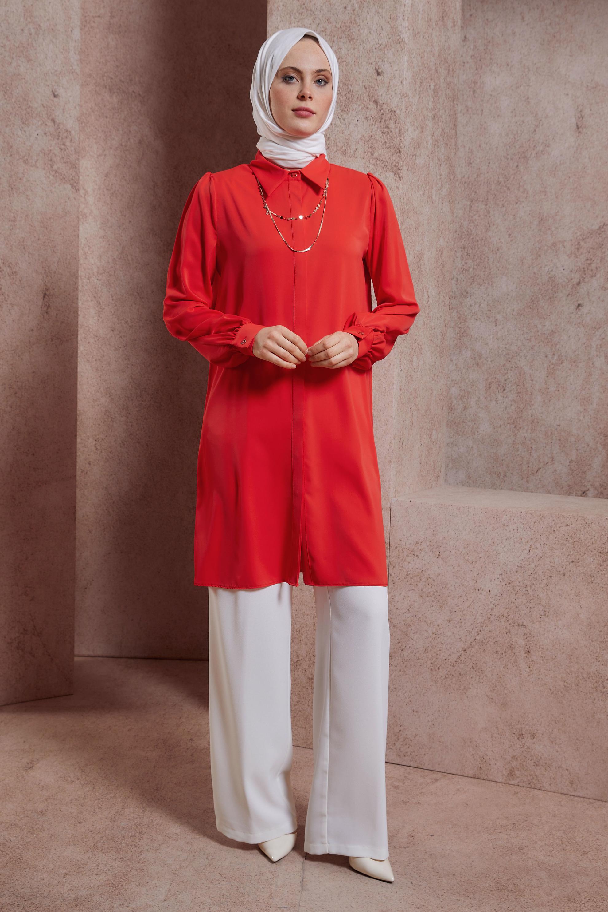 Tesettür giyim MERCAN GÖMLEK YAKA TUNİK 44448