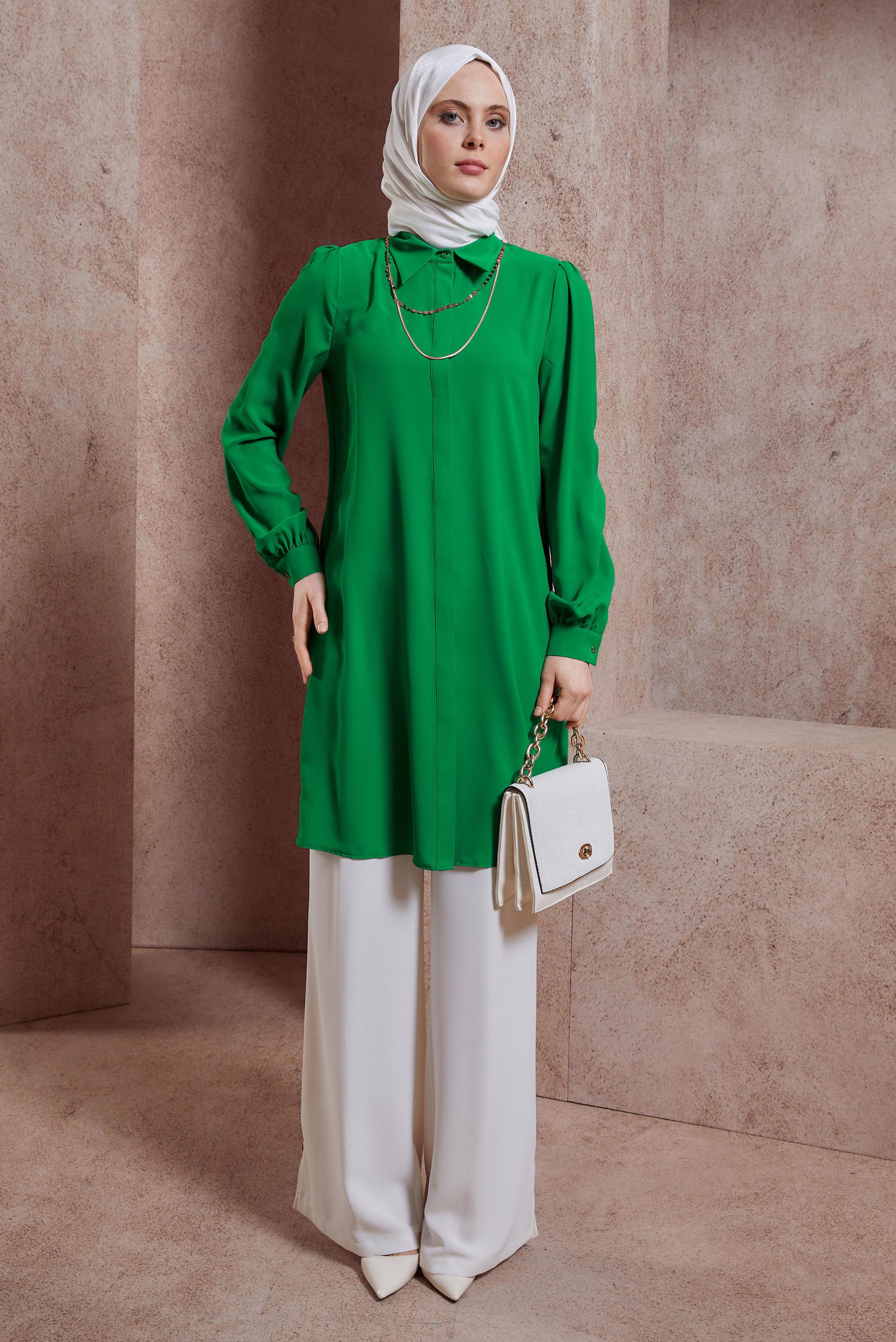 Tesettür giyim YEŞİL GÖMLEK YAKA TUNİK 44448