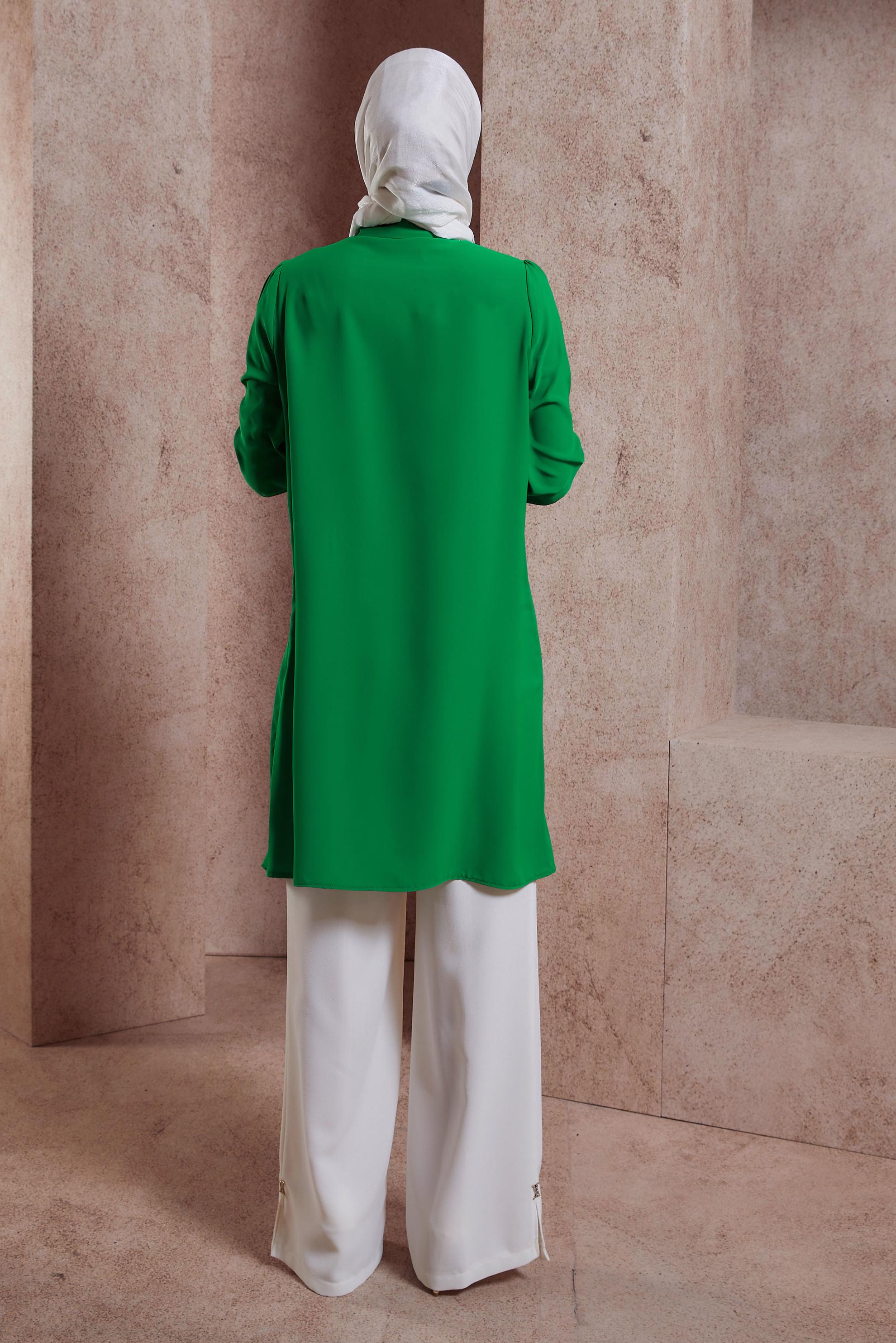 Tesettür giyim YEŞİL GÖMLEK YAKA TUNİK 44448