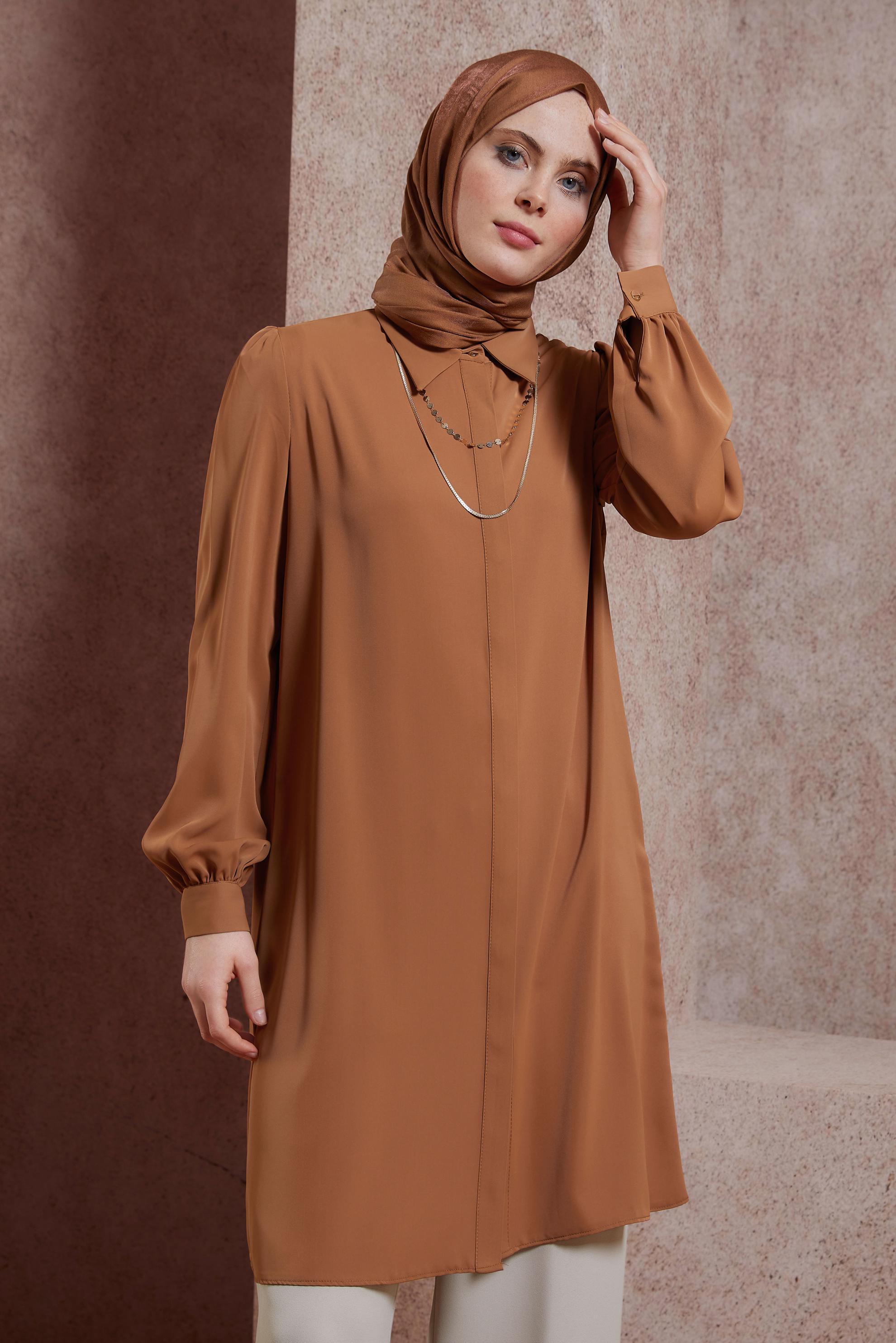 Tesettür giyim KAHVE GÖMLEK YAKA TUNİK 44448