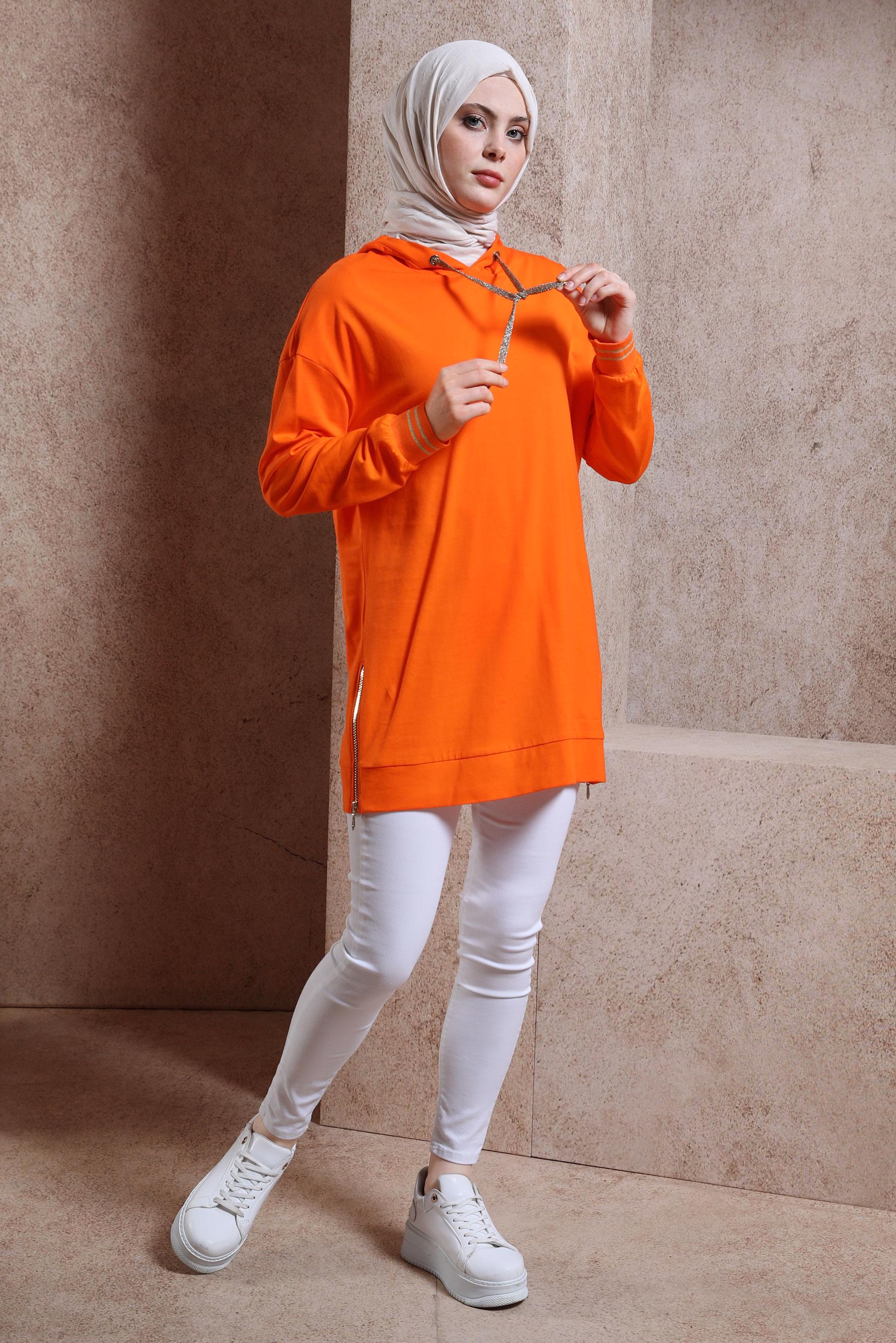 Tesettür giyim TURUNCU KAPÜŞONLU TUNİK 44449