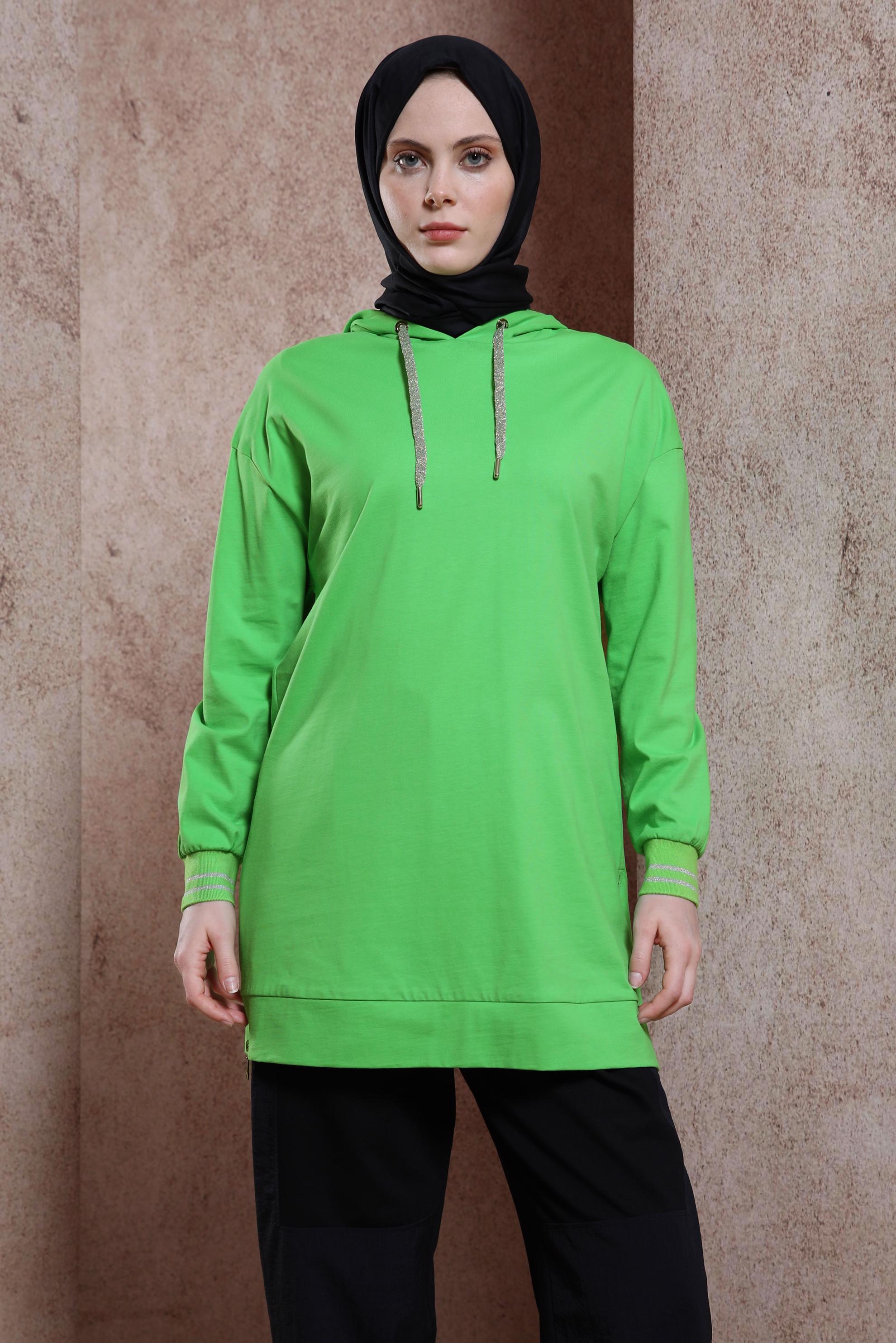 Tesettür giyim YEŞİL KAPÜŞONLU TUNİK 44449