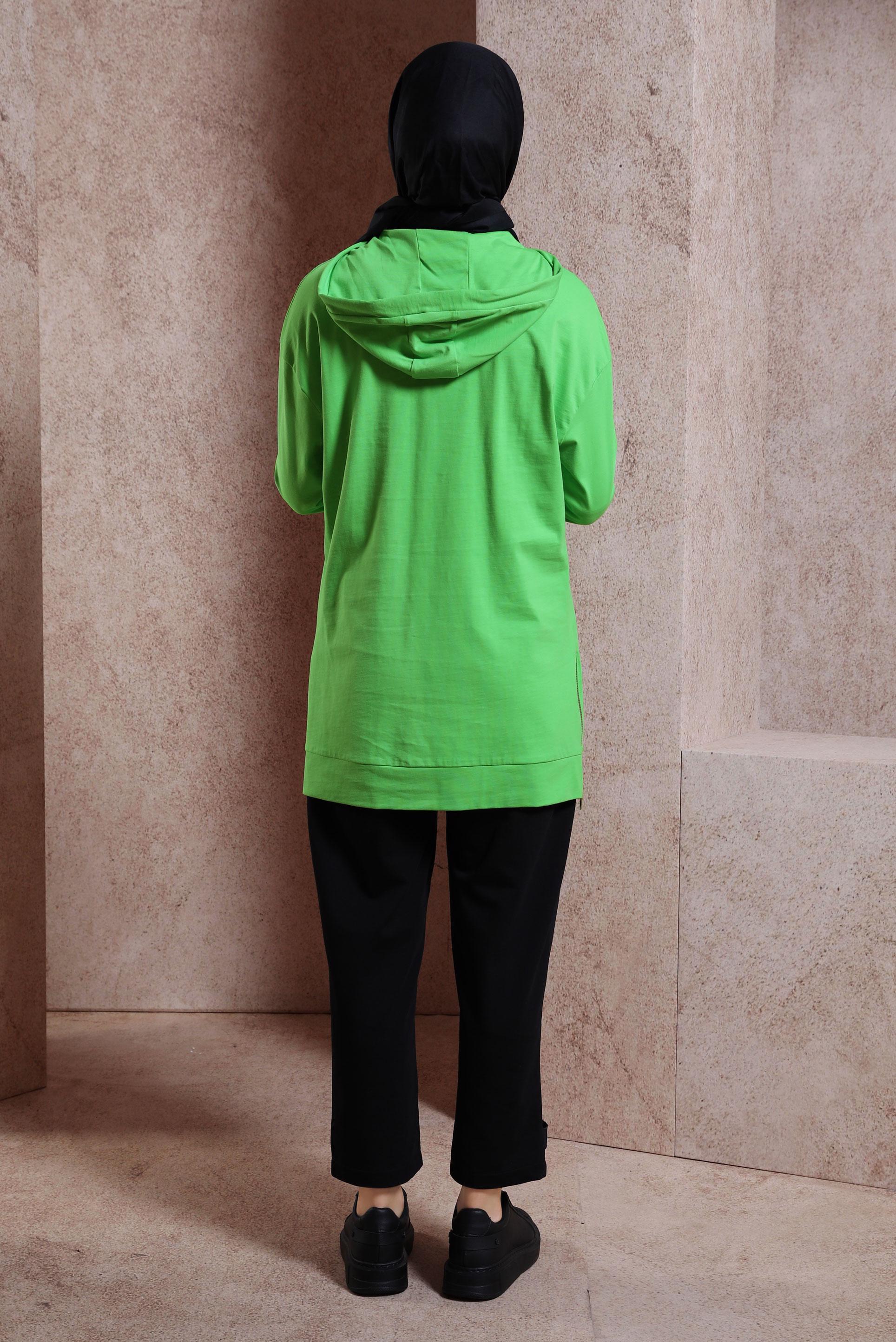 Tesettür giyim YEŞİL KAPÜŞONLU TUNİK 44449