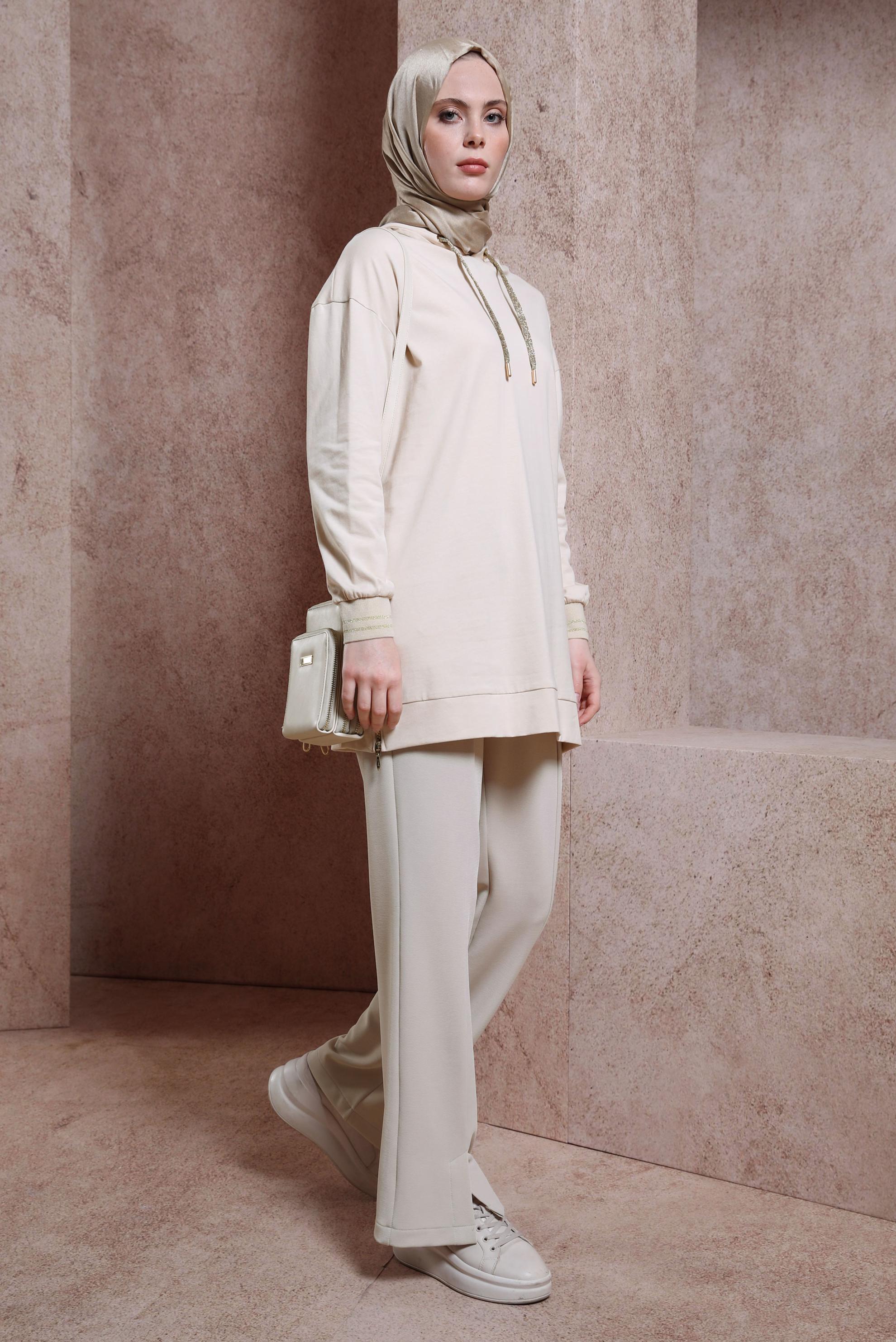 Tesettür giyim BEJ KAPÜŞONLU TUNİK 44449