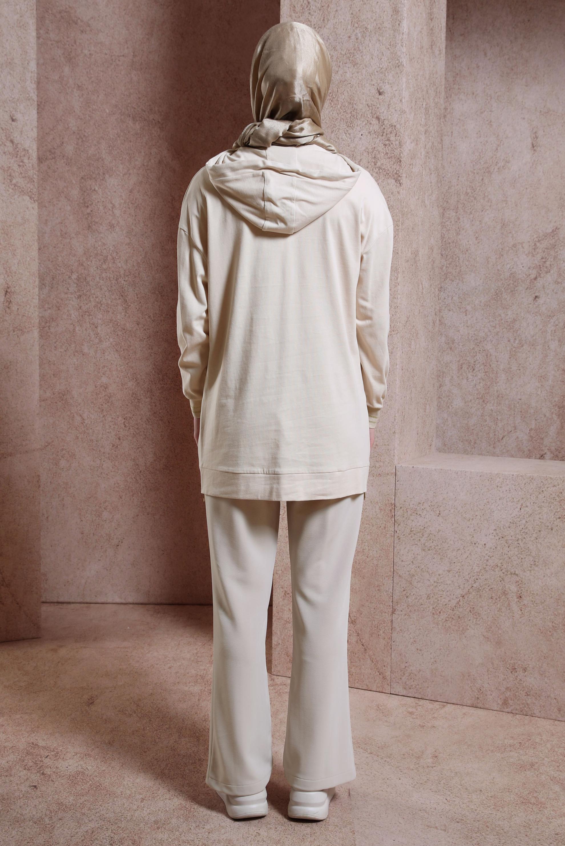 Tesettür giyim BEJ KAPÜŞONLU TUNİK 44449